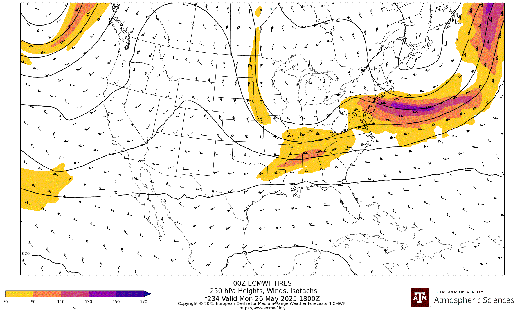 ECMWF-HRES 250 hPa Heights, Winds, Isotachs