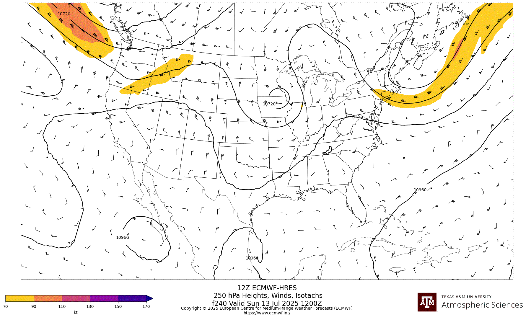 ECMWF-HRES 250 hPa Heights, Winds, Isotachs