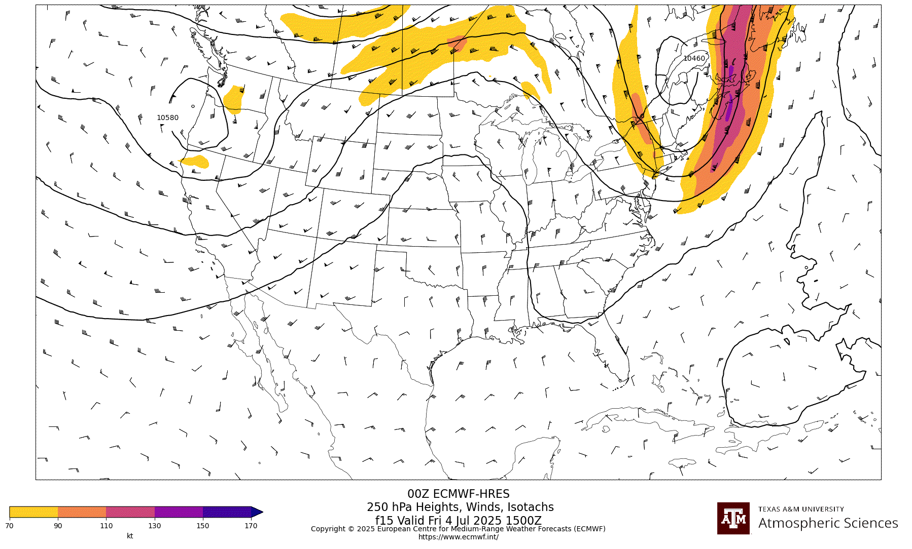ECMWF-HRES 250 hPa Heights, Winds, Isotachs