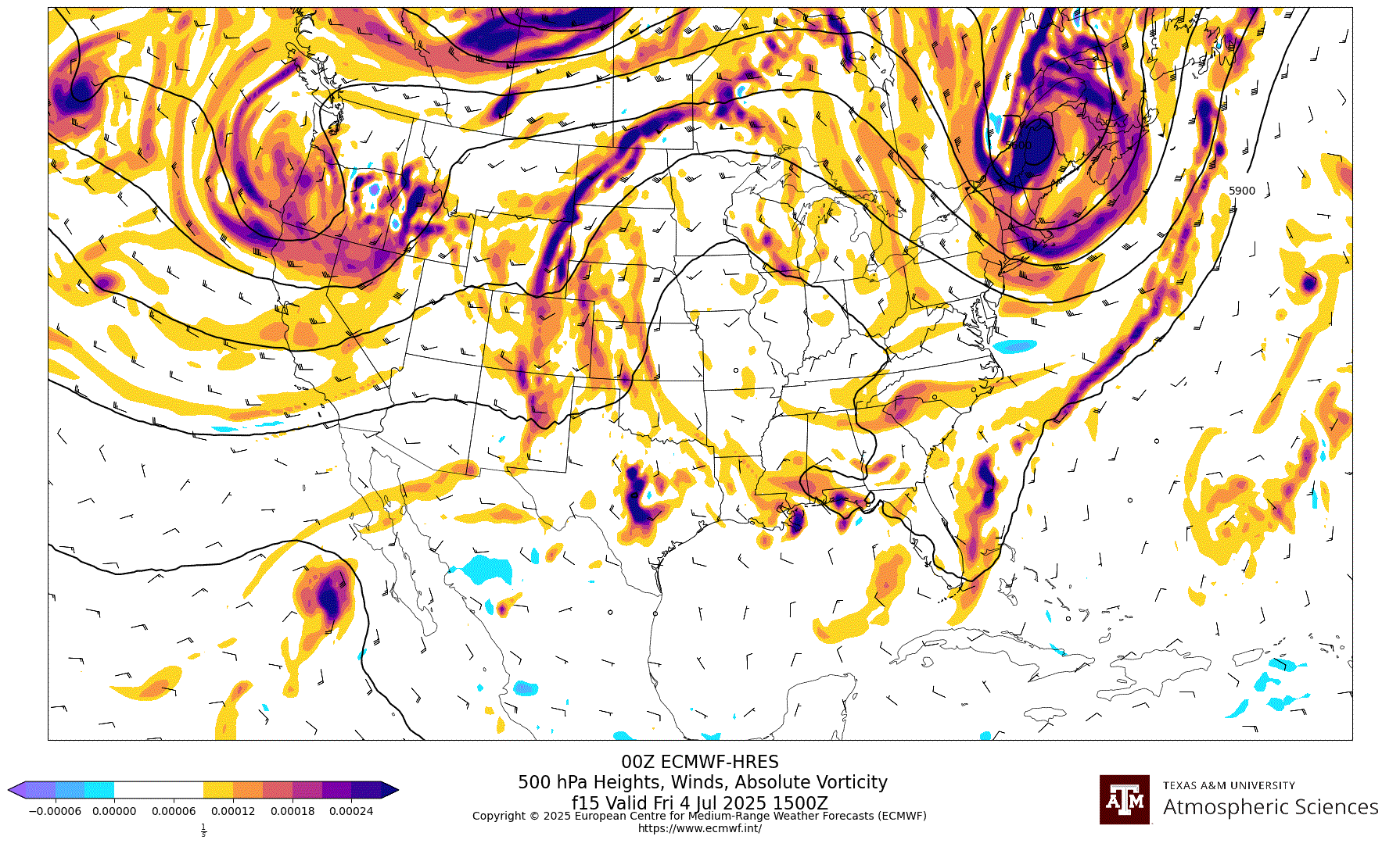 ECMWF-HRES 500 hPa Heights, Winds, Vorticity