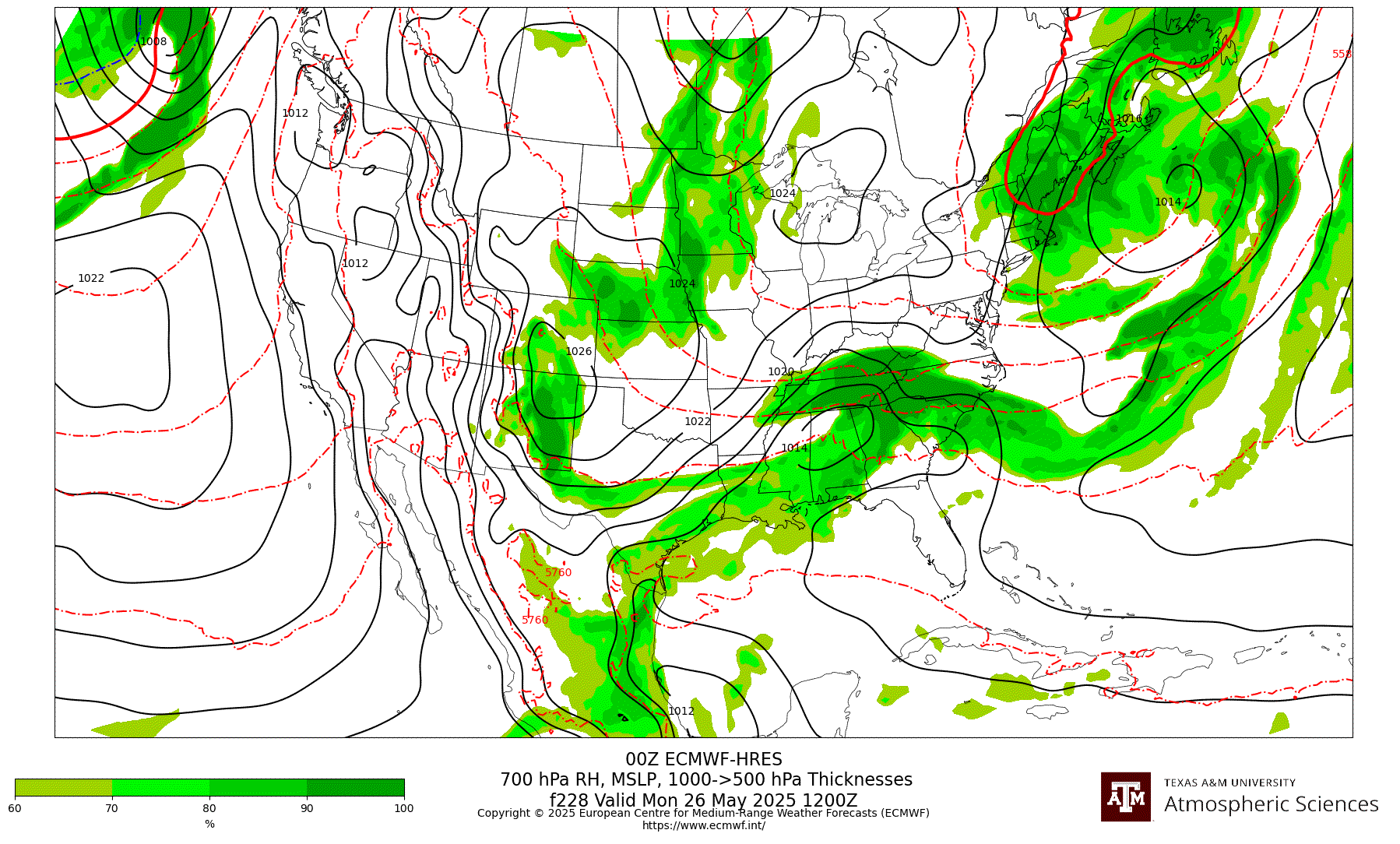 ECMWF-HRES 700 hPa Relative Humidity, MSLP, 1000-500 hPa Thickness