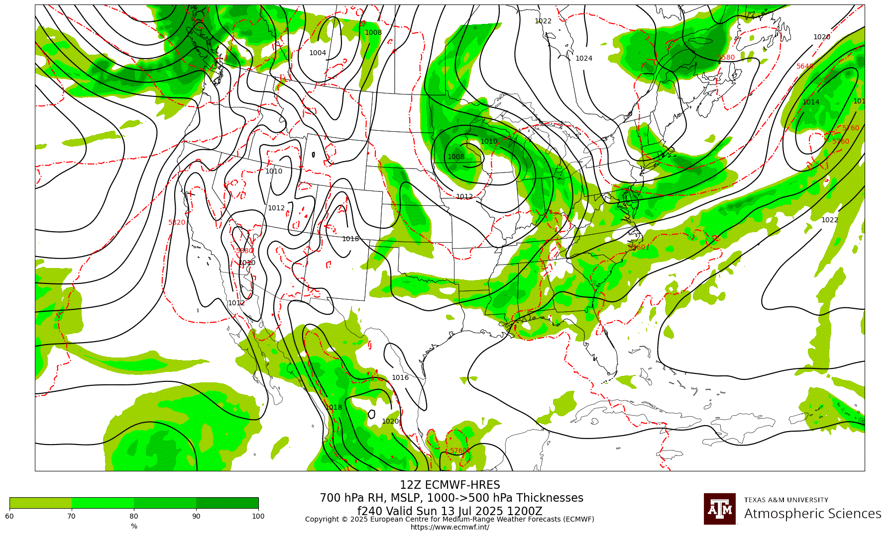 ECMWF-HRES 700 hPa Relative Humidity, MSLP, 1000-500 hPa Thickness