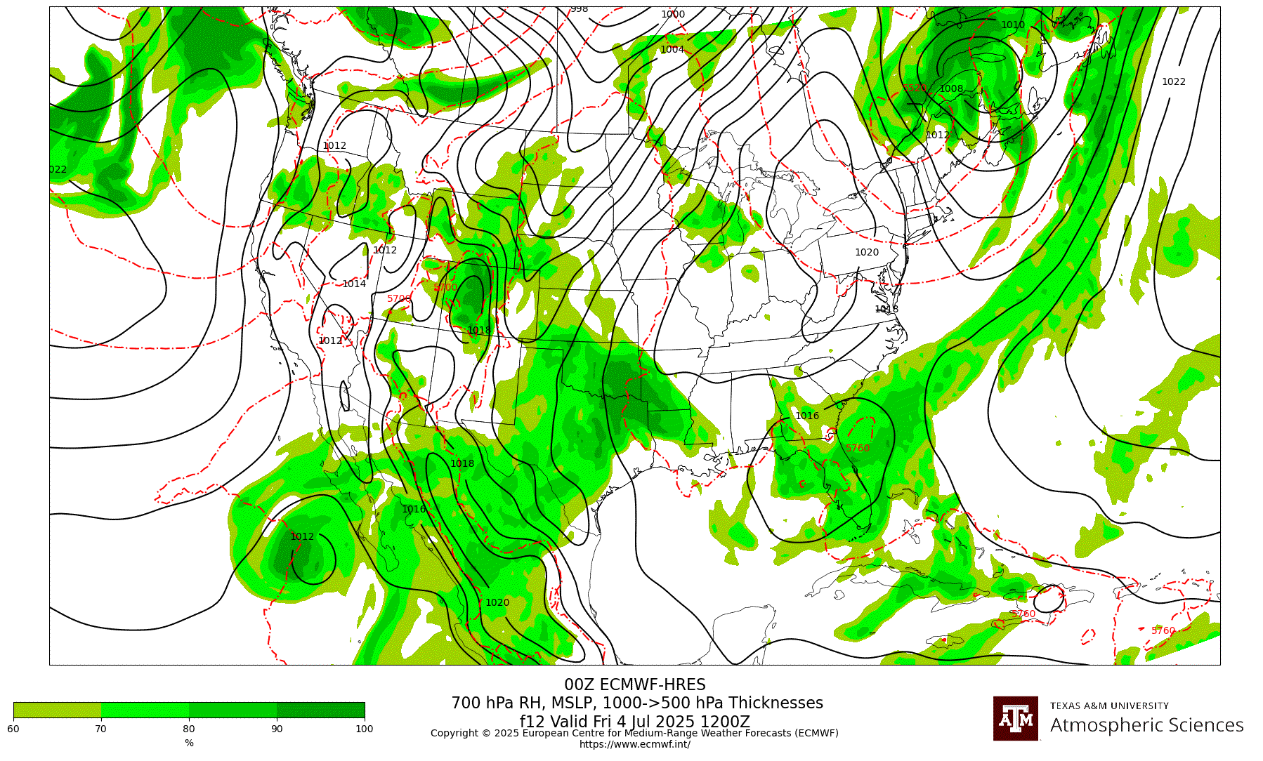 ECMWF-HRES 700 hPa Relative Humidity, MSLP, 1000-500 hPa Thickness