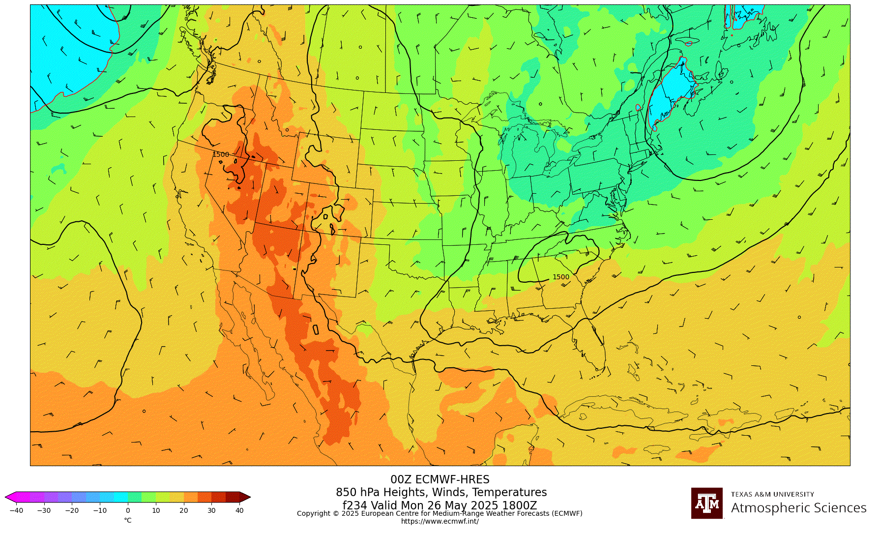 ECMWF-HRES 850 hPa Heights, Winds, Temperatures