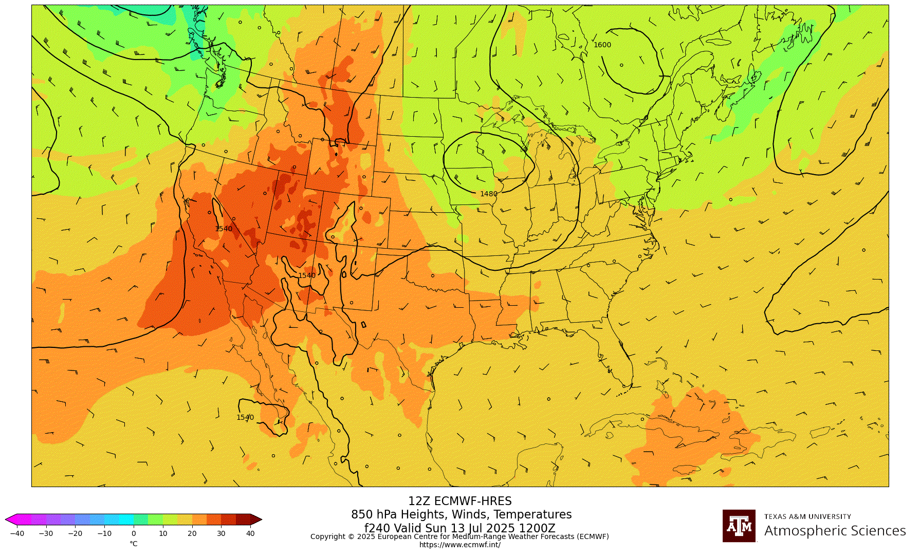 ECMWF-HRES 850 hPa Heights, Winds, Temperatures