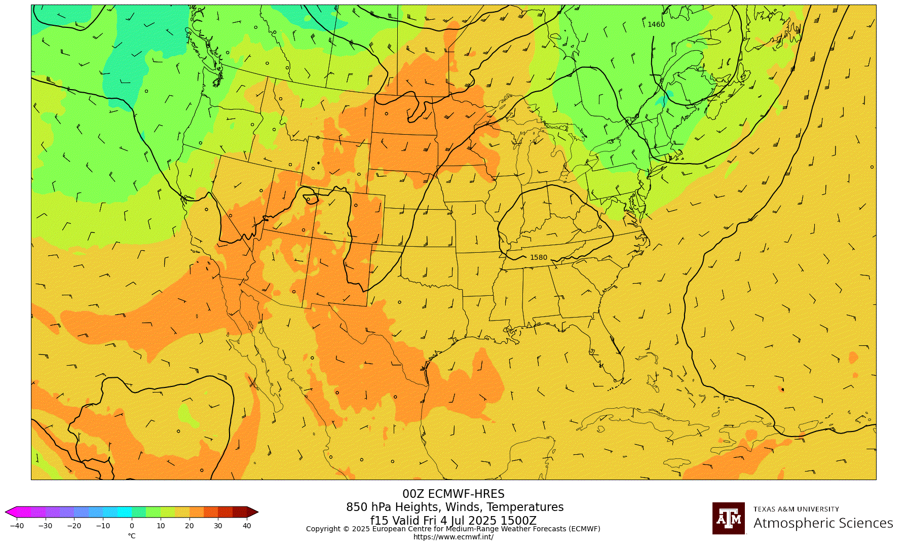 ECMWF-HRES 850 hPa Heights, Winds, Temperatures