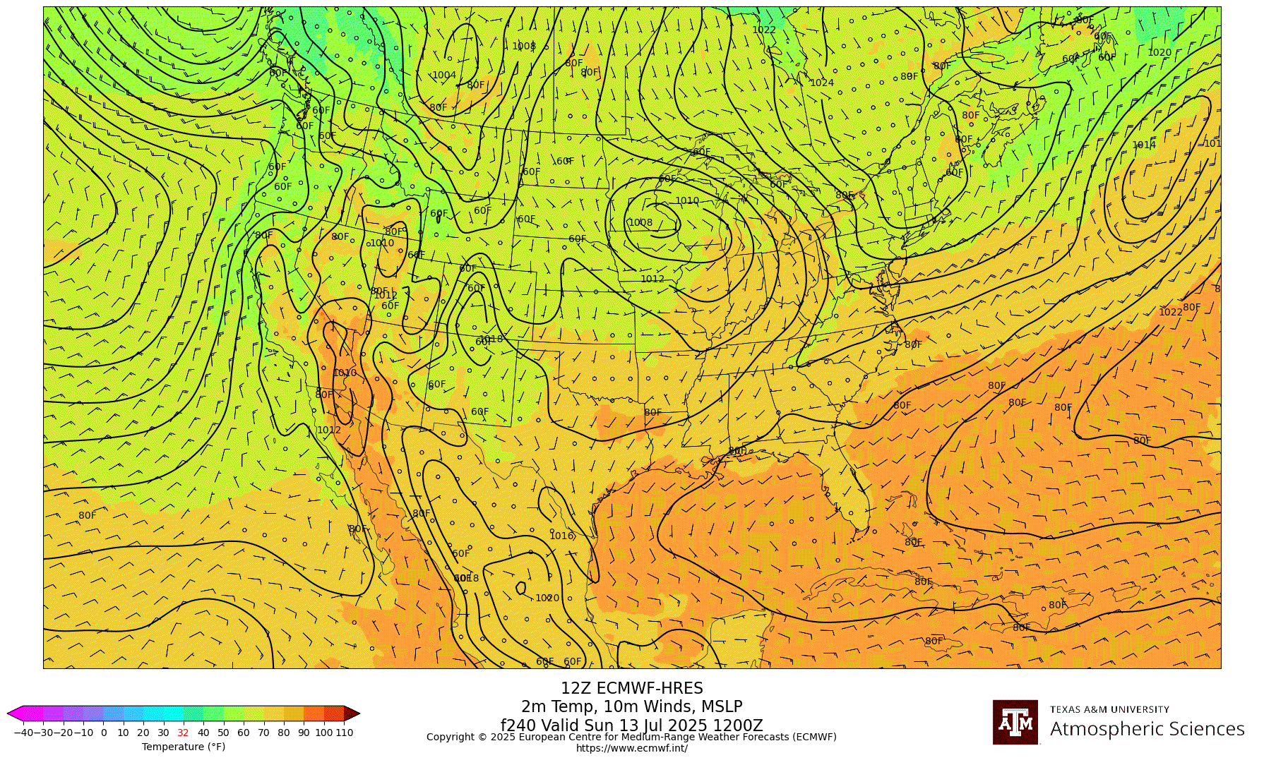 ECMWF 2m Temperature, 10m winds, surface MSLP