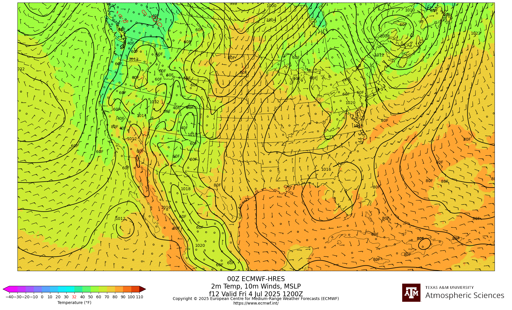 ECMWF 2m Temperature, 10m winds, surface MSLP