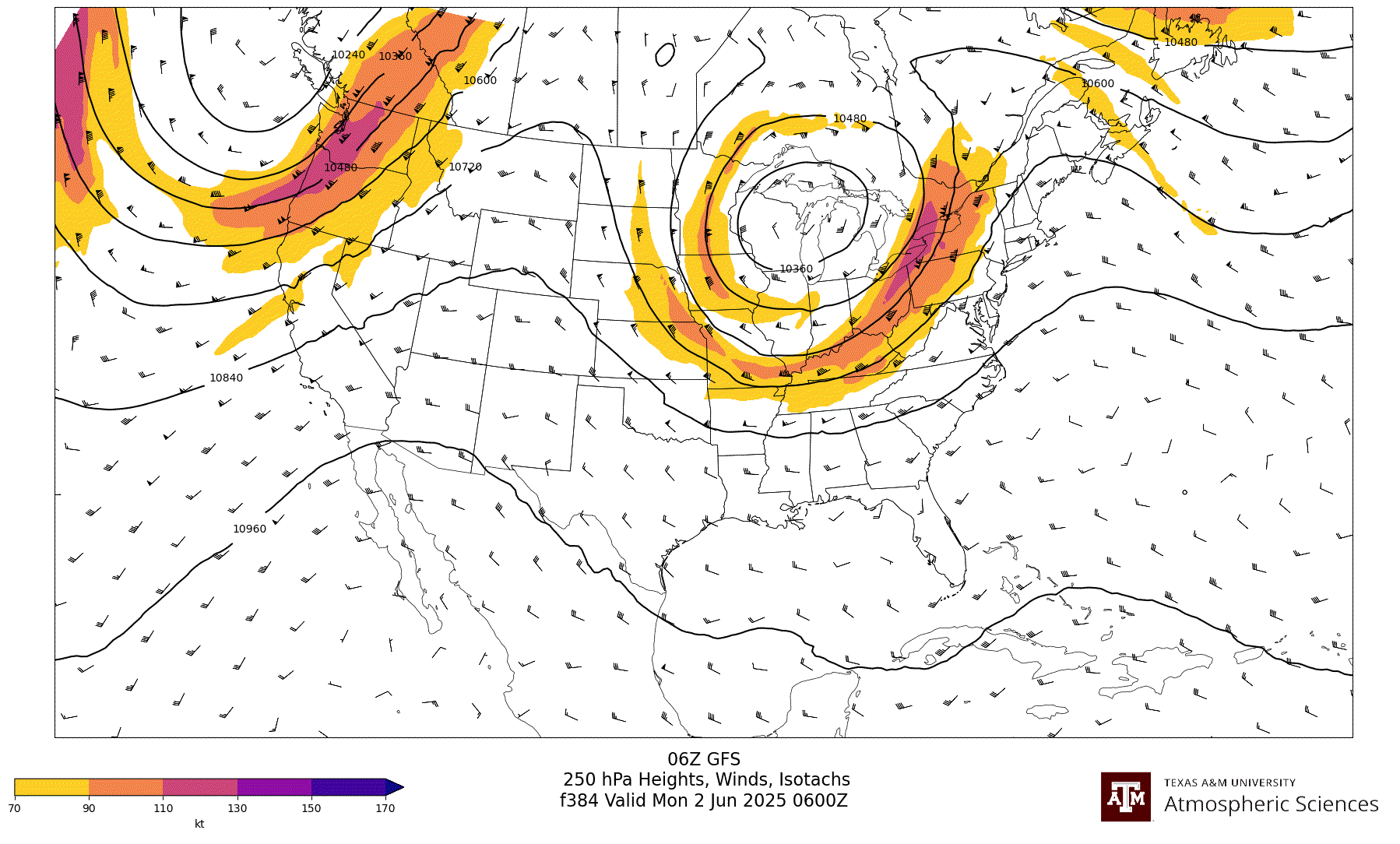 GFS 250 hPa Heights, Winds, Isotachs