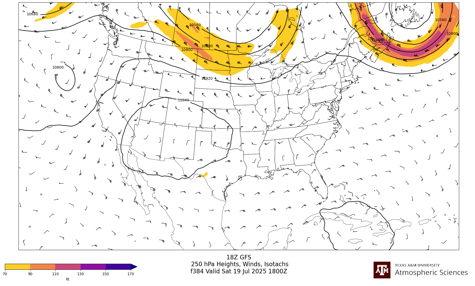 GFS 250 hPa Heights, Winds, Isotachs