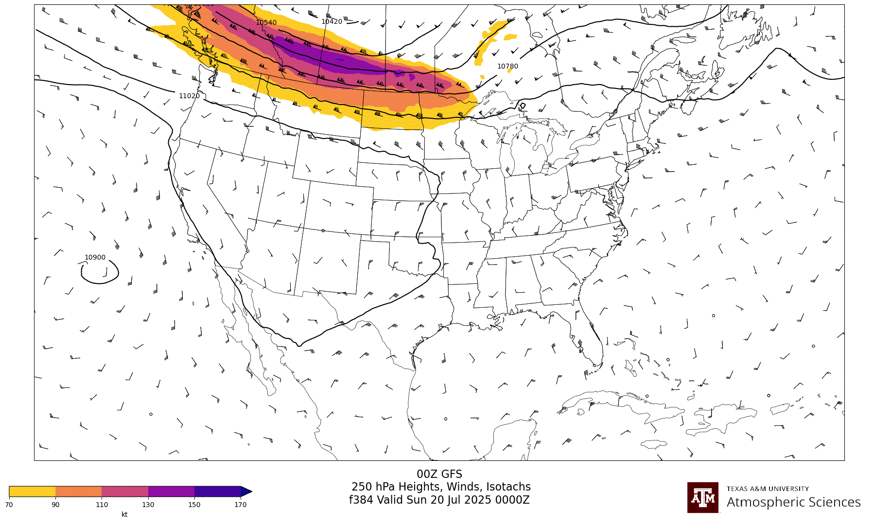 GFS 250 hPa Heights, Winds, Isotachs