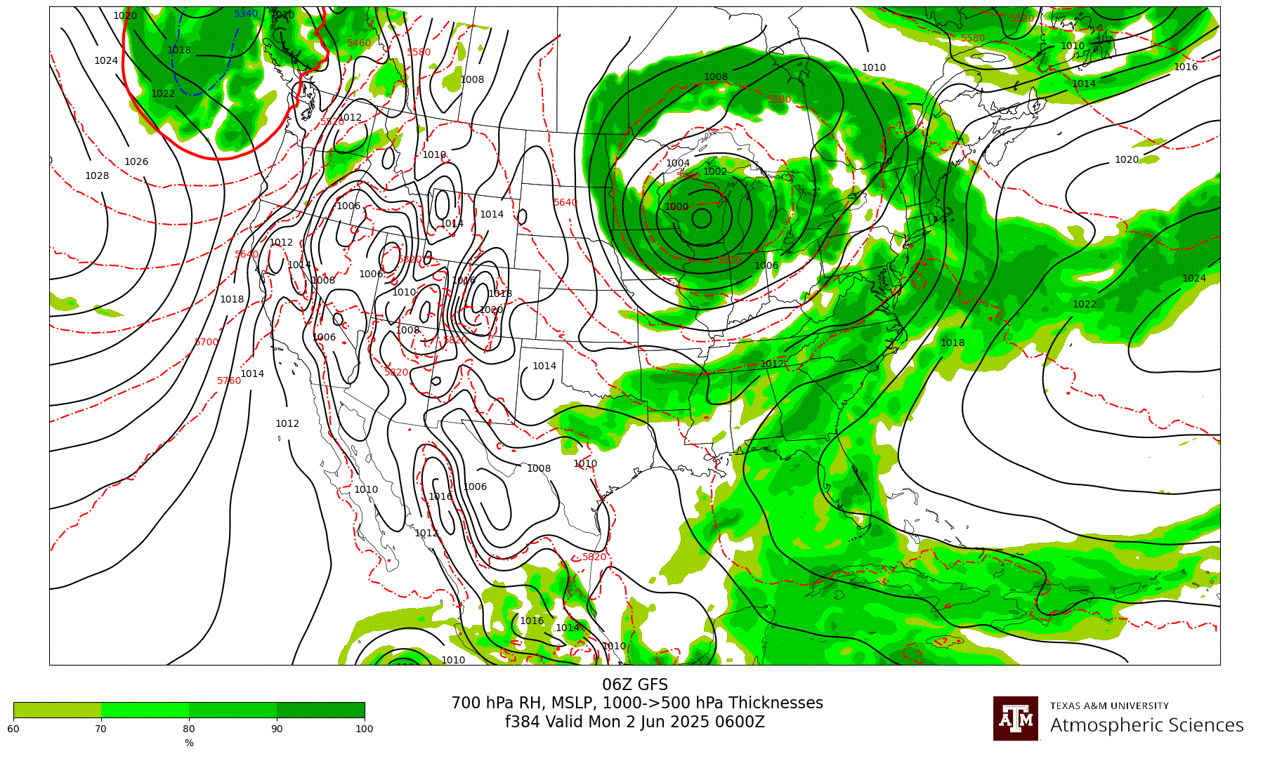 GFS 700 hPa Relative Humidity, MSLP, 1000-500 hPa Thickness