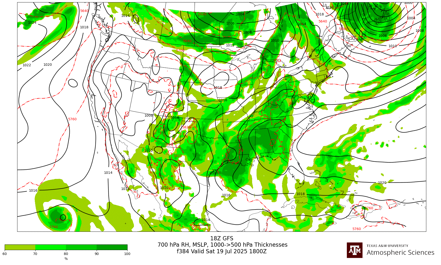 GFS 700 hPa Relative Humidity, MSLP, 1000-500 hPa Thickness