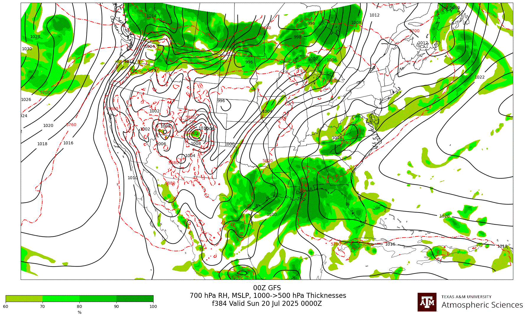GFS 700 hPa Relative Humidity, MSLP, 1000-500 hPa Thickness