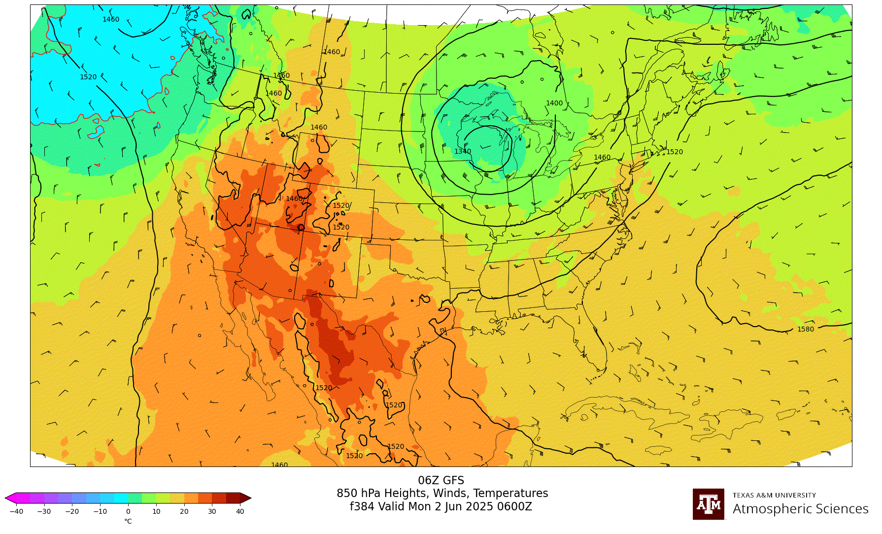 GFS 850 hPa Heights, Winds, Temperatures