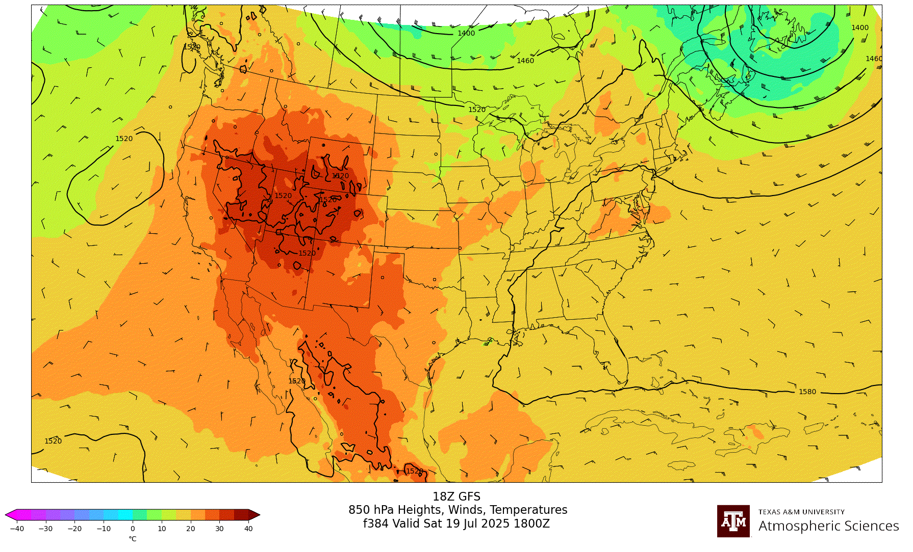 GFS 850 hPa Heights, Winds, Temperatures