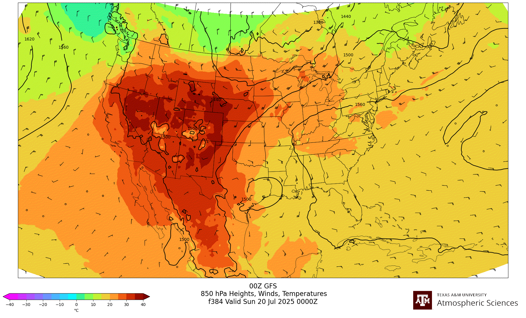 GFS 850 hPa Heights, Winds, Temperatures