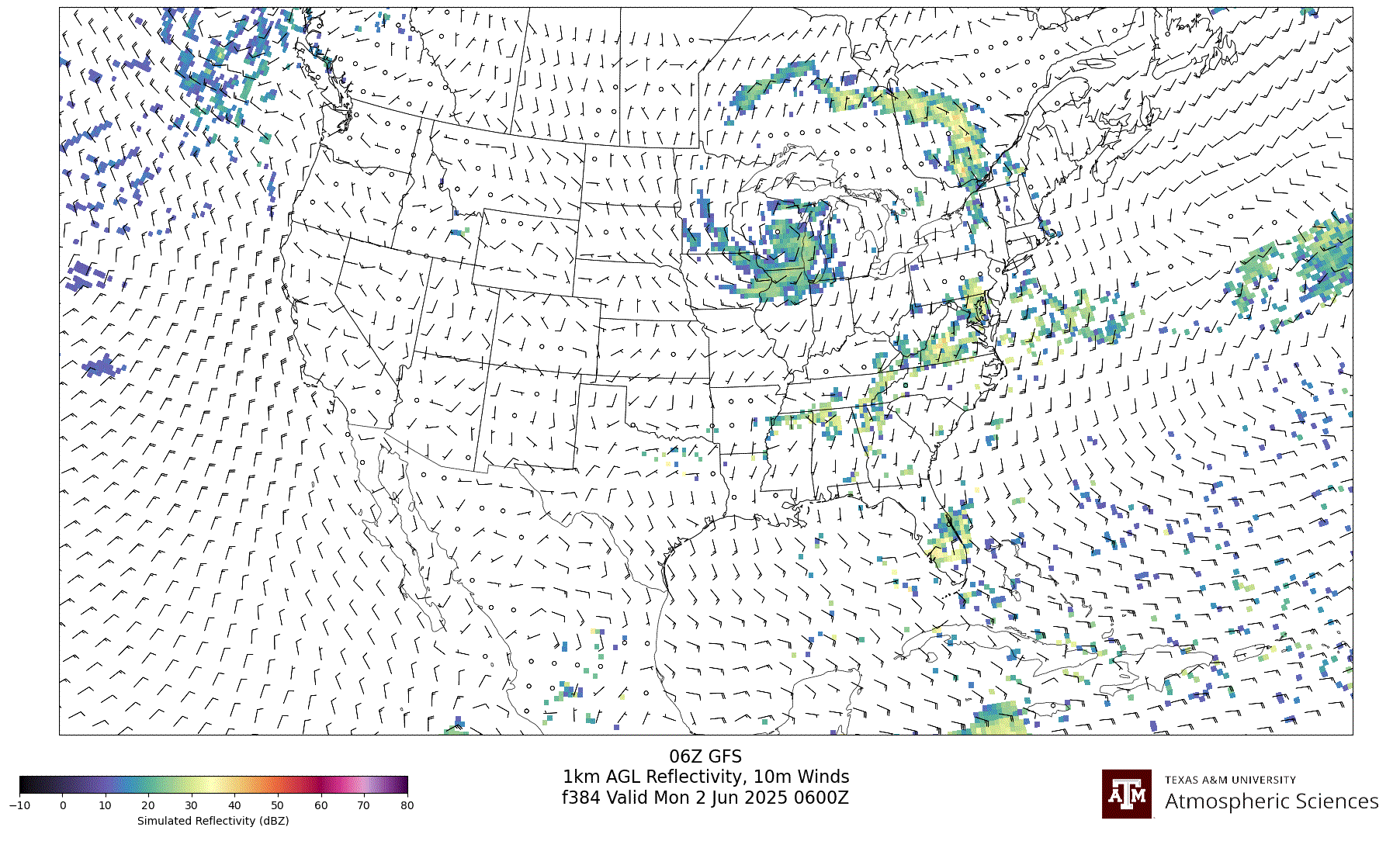 GFS Simulated 1km AGL Reflectivity