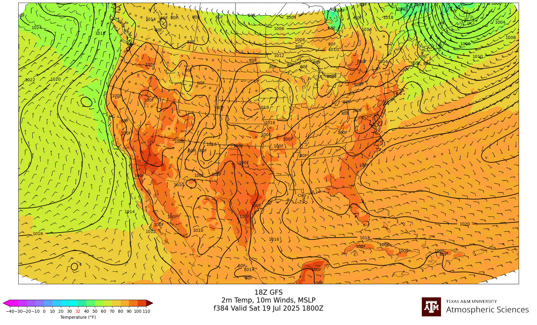 GFS 2m Temperature, 10m winds, surface MSLP