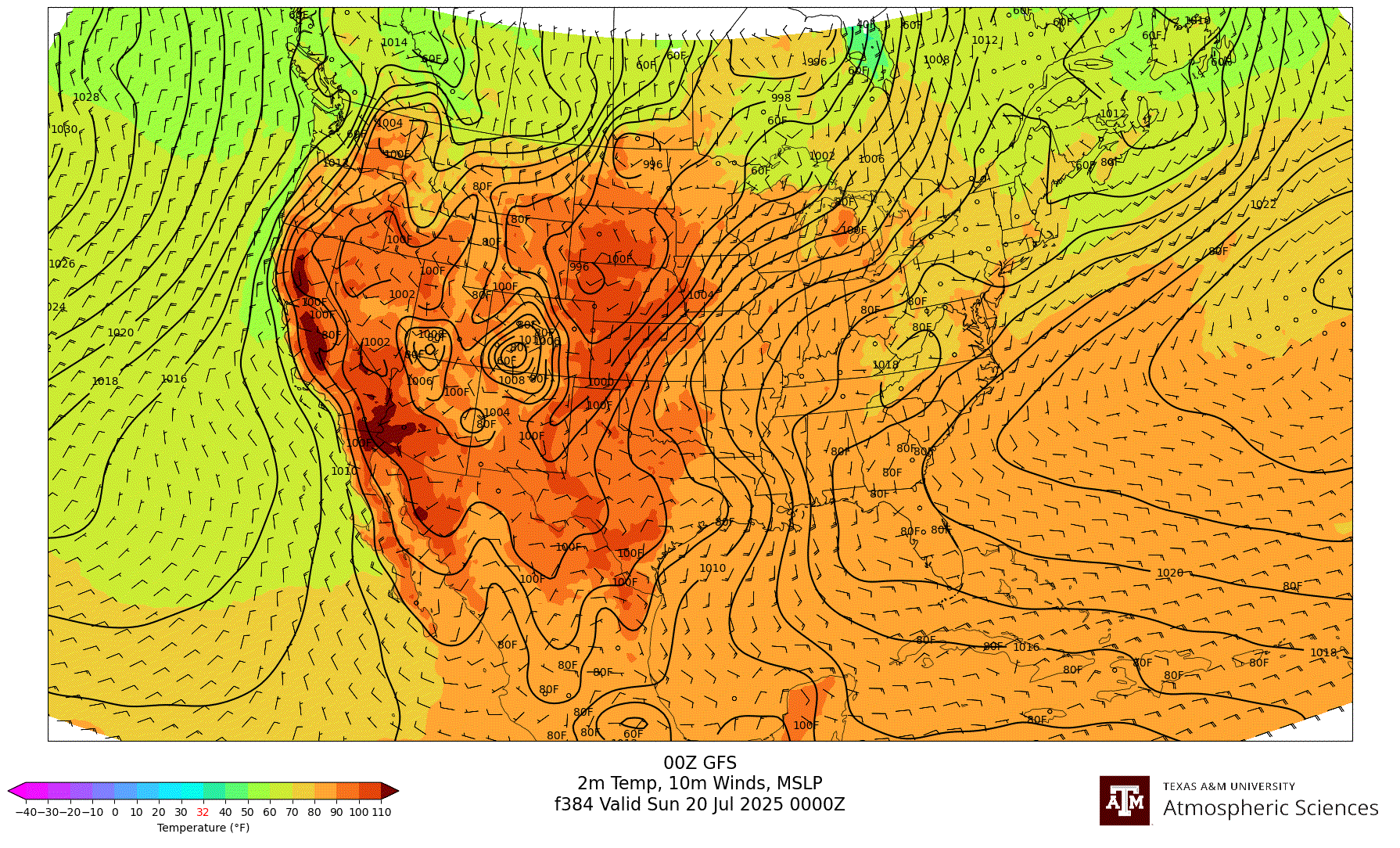 GFS 2m Temperature, 10m winds, surface MSLP