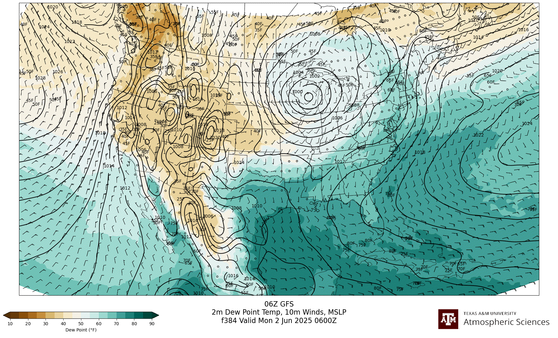 GFS 2m Dew Point, 10m winds, surface MSLP