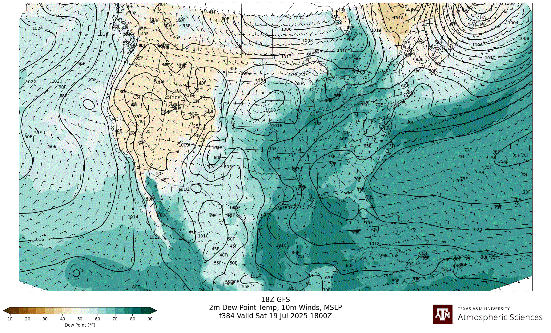 GFS 2m Dew Point, 10m winds, surface MSLP