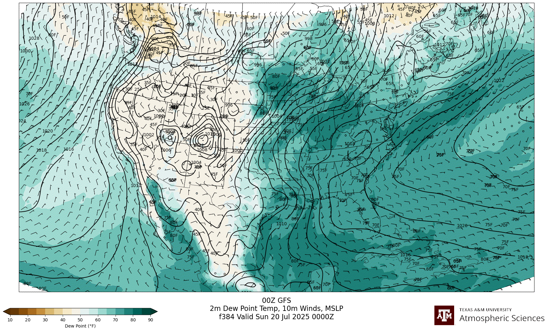 GFS 2m Dew Point, 10m winds, surface MSLP