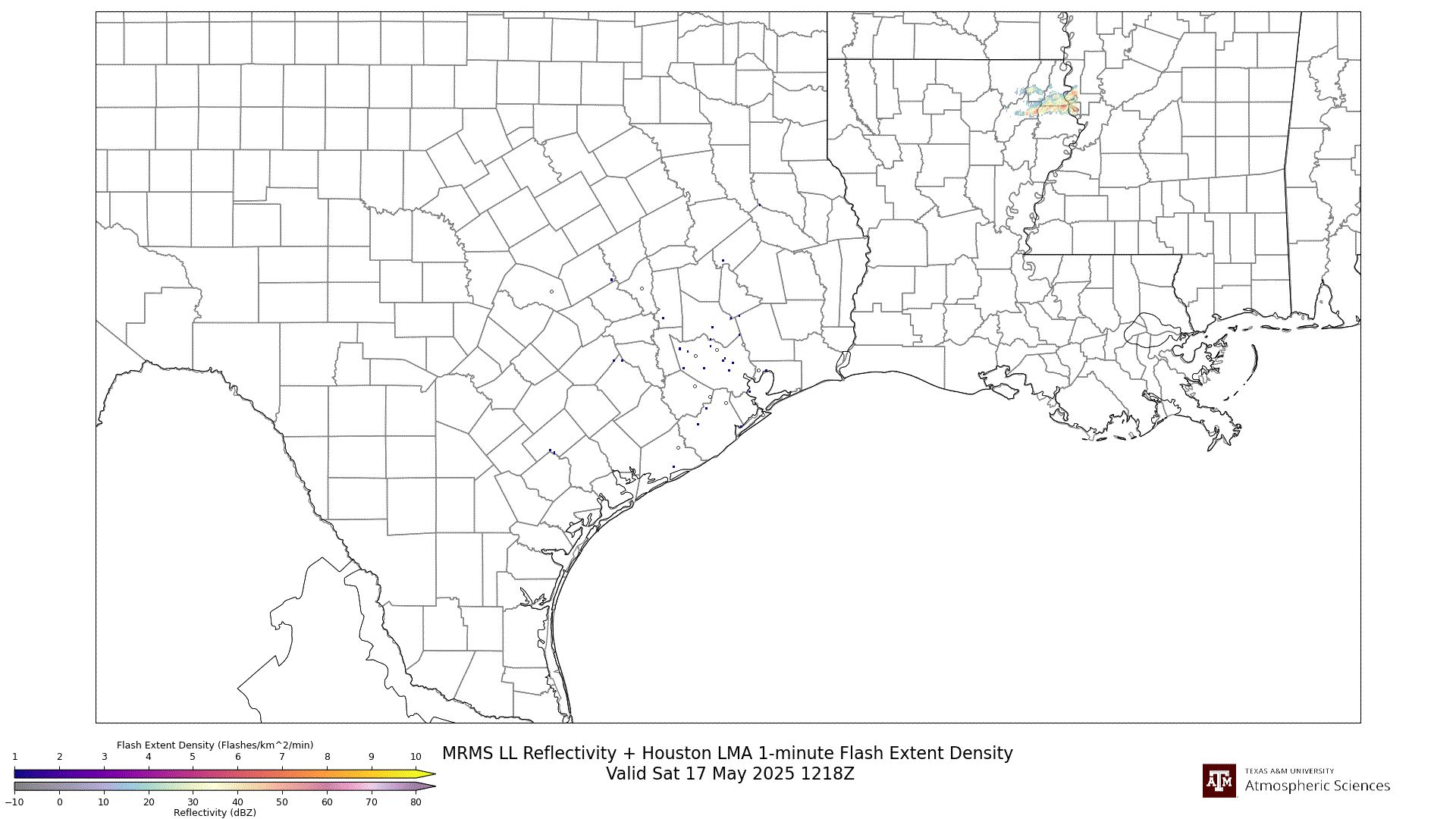 HLMA 1-minute Flash Extent Density + MRMS Reflectivity