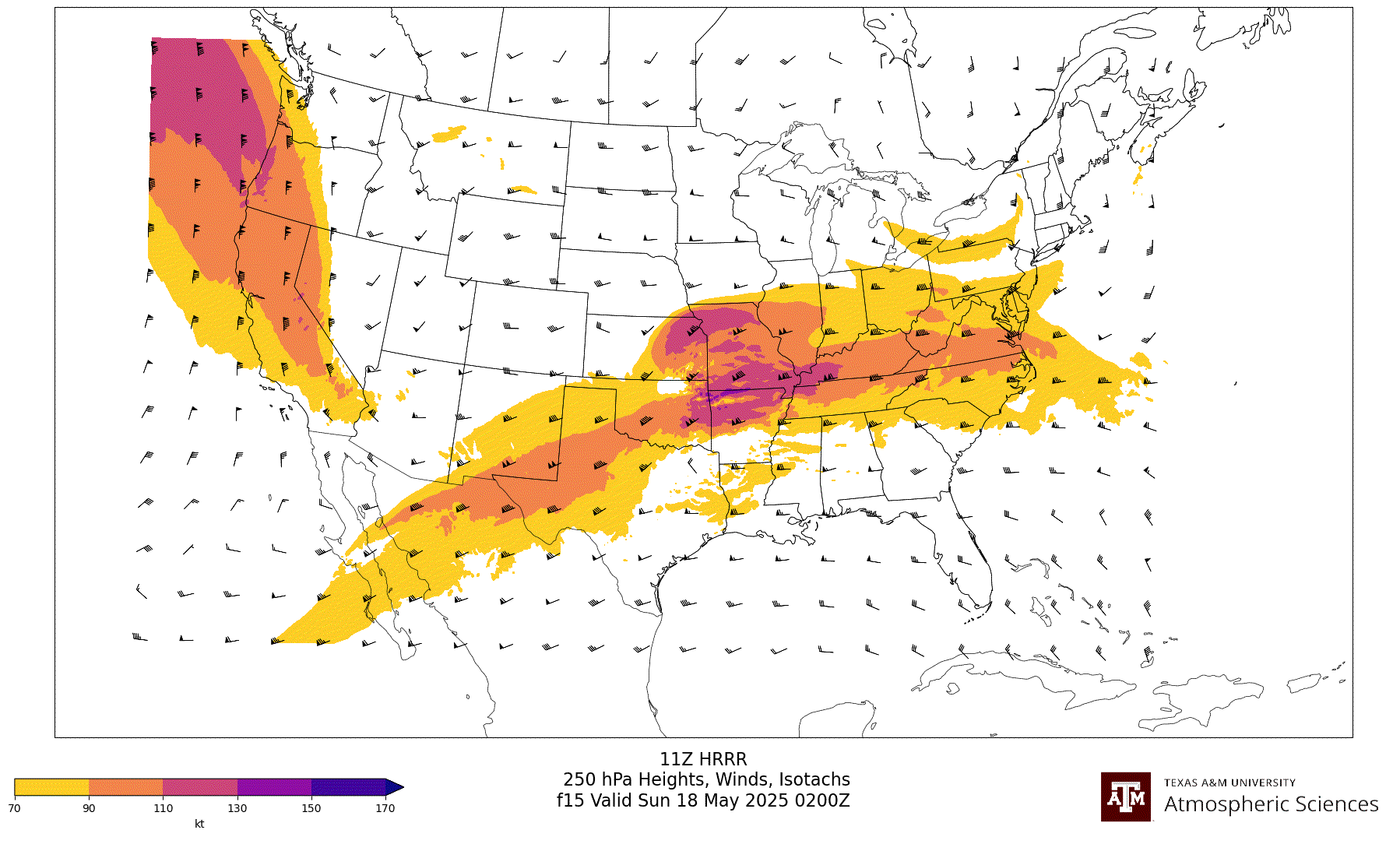 HRRR 250 hPa Heights, Winds, Isotachs