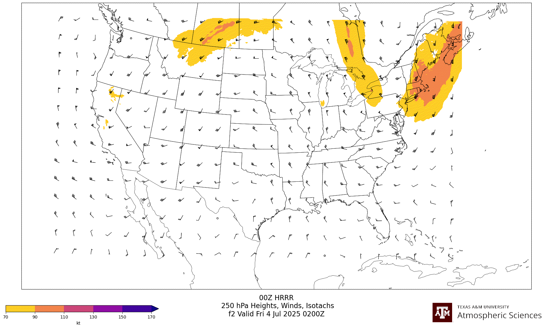 HRRR 250 hPa Heights, Winds, Isotachs