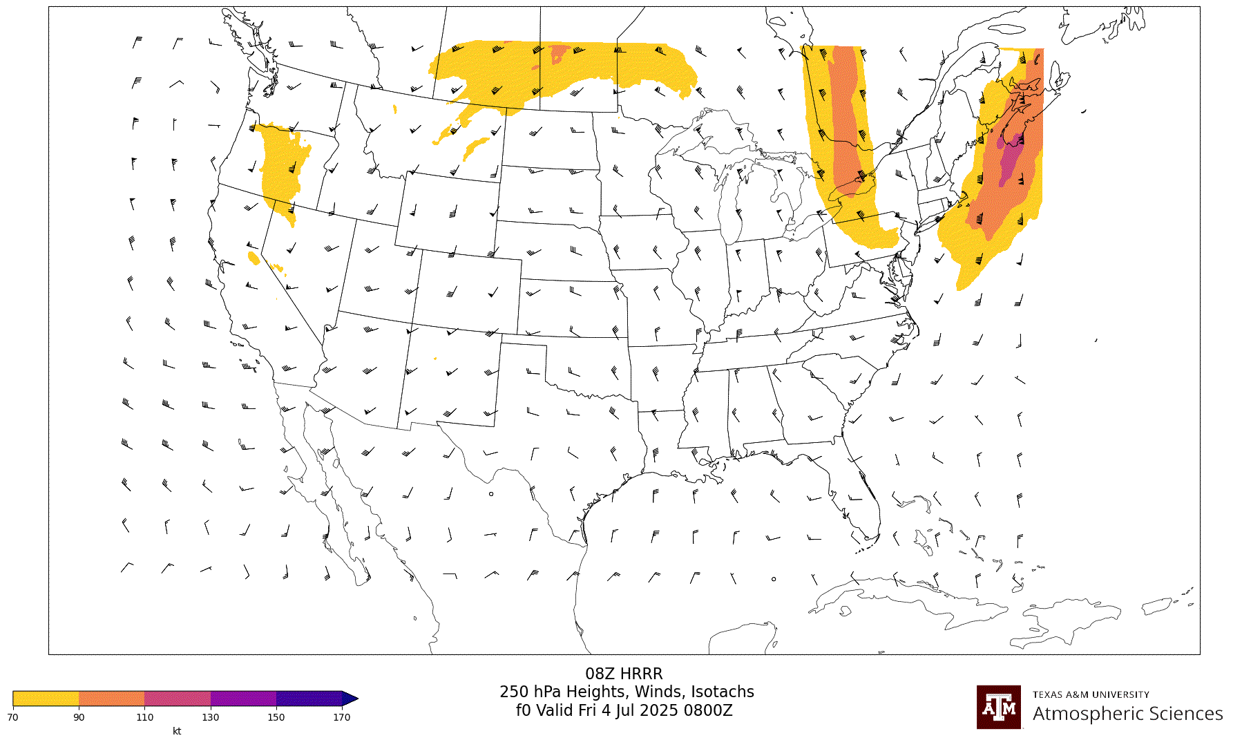 HRRR 250 hPa Heights, Winds, Isotachs