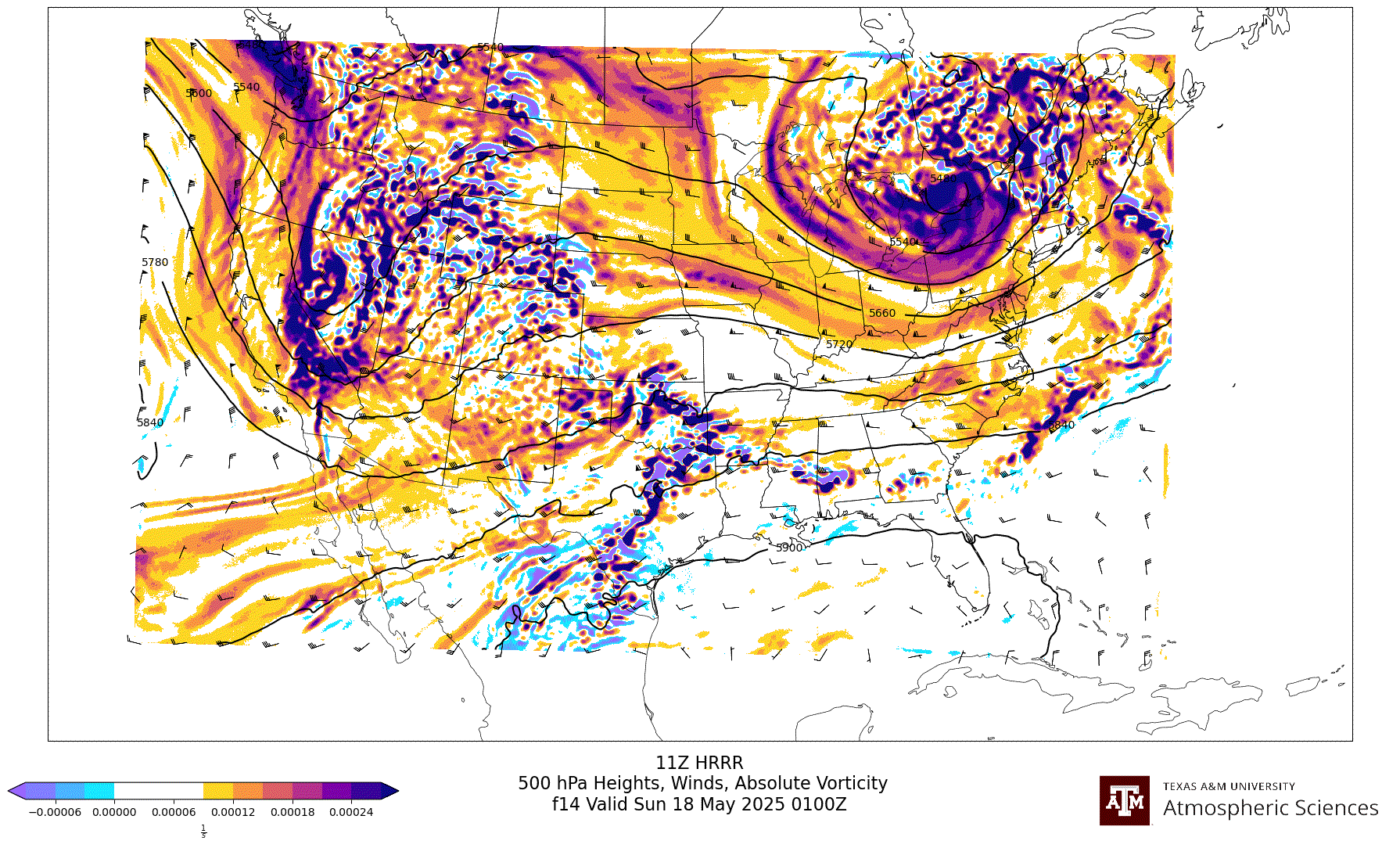 HRRR 500 hPa Heights, Winds, Vorticity