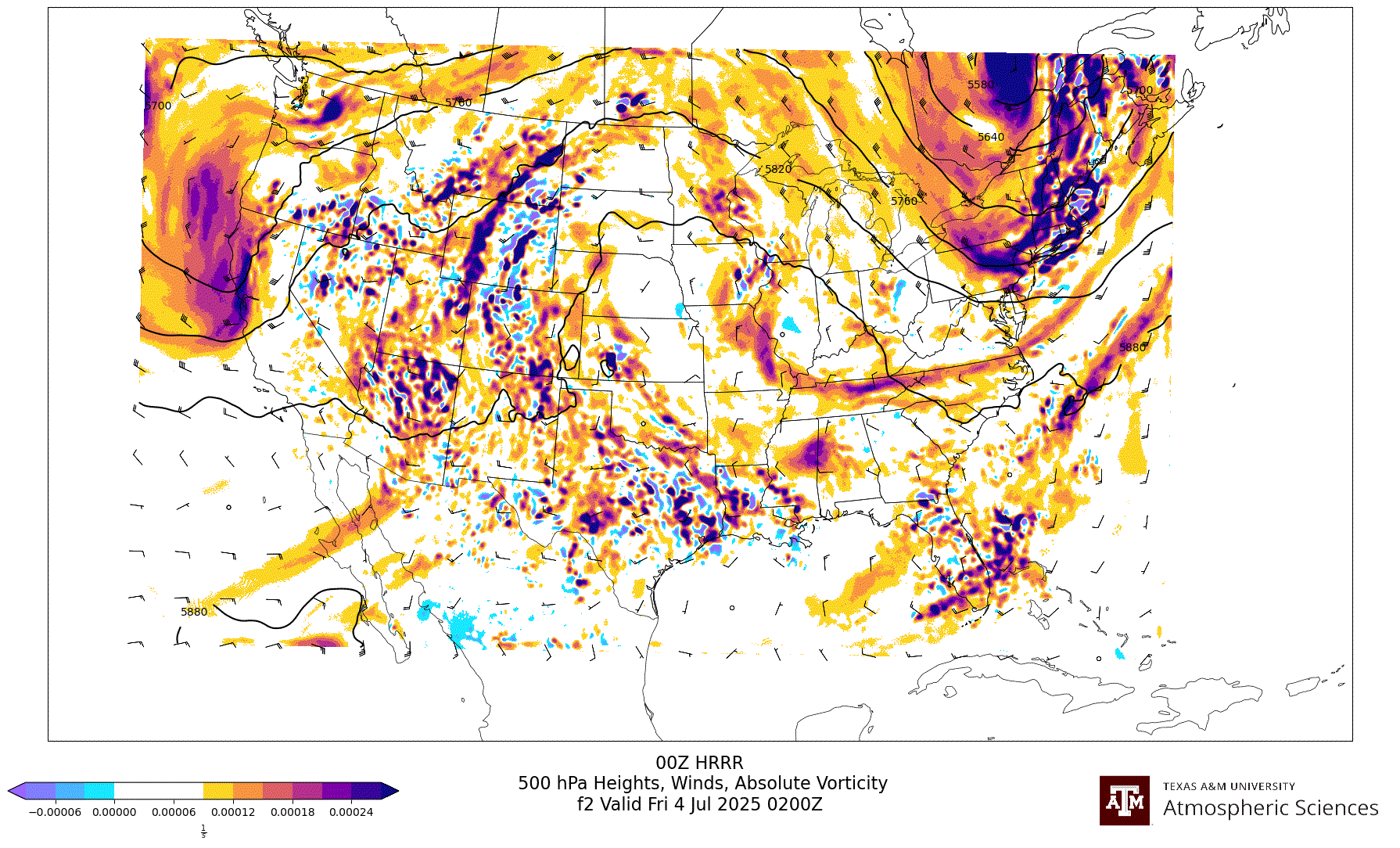 HRRR 500 hPa Heights, Winds, Vorticity