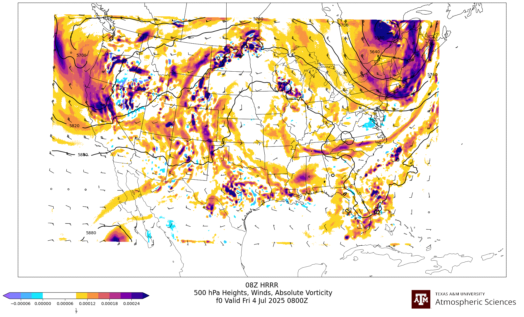 HRRR 500 hPa Heights, Winds, Vorticity
