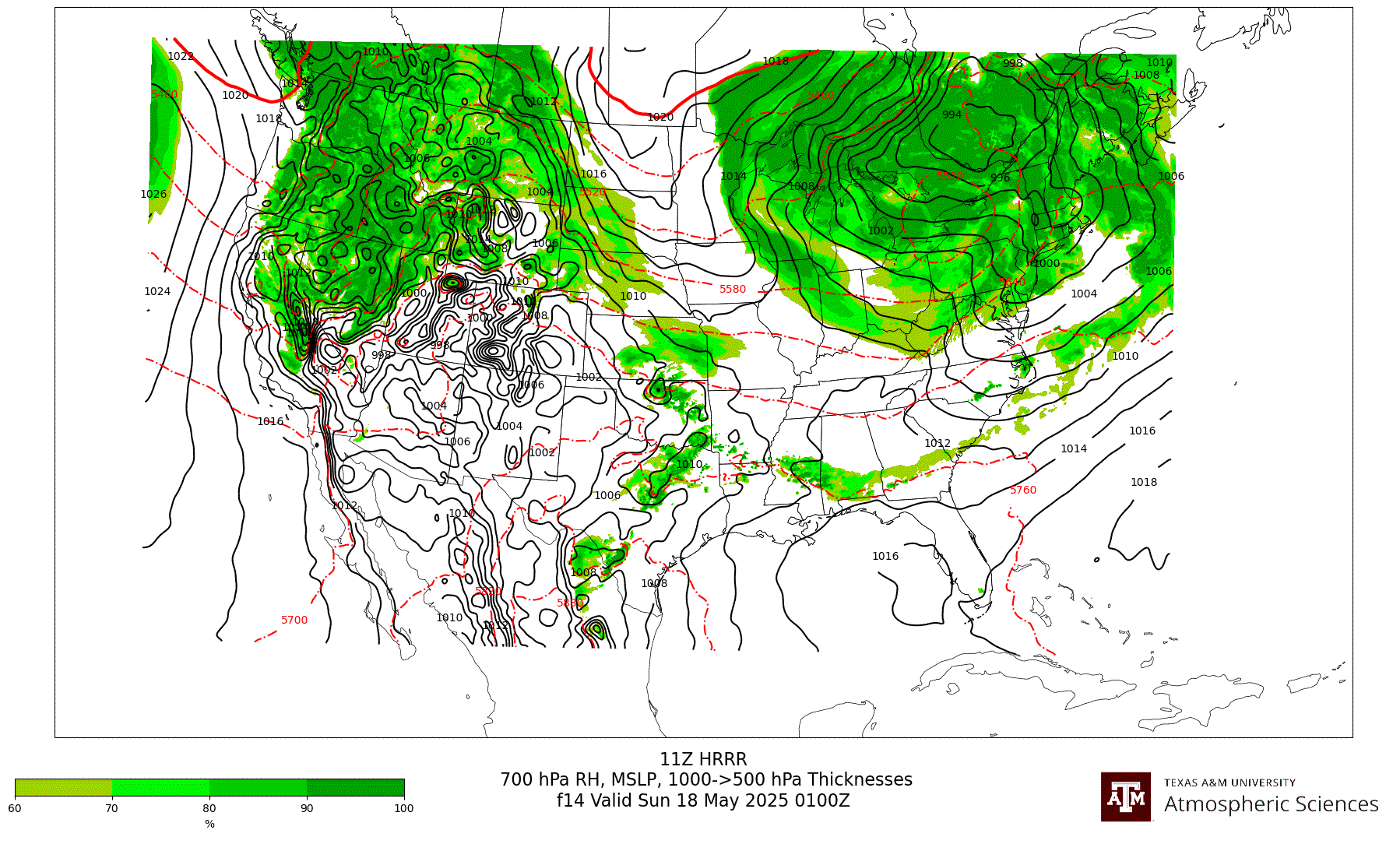 HRRR 700 hPa Relative Humidity, MSLP, 1000-500 hPa Thickness