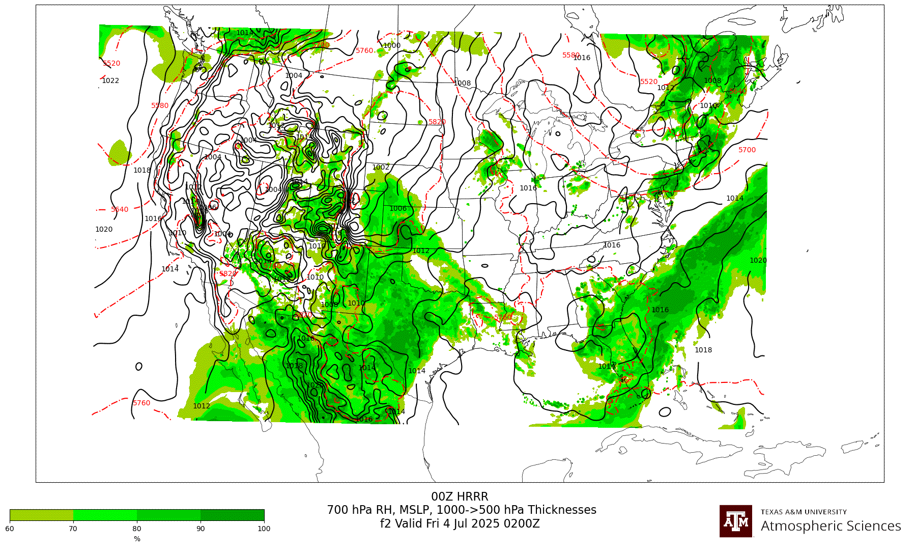 HRRR 700 hPa Relative Humidity, MSLP, 1000-500 hPa Thickness