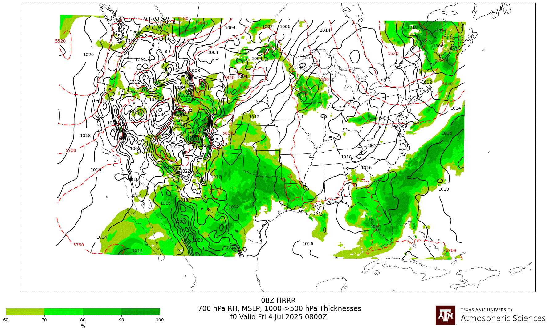HRRR 700 hPa Relative Humidity, MSLP, 1000-500 hPa Thickness