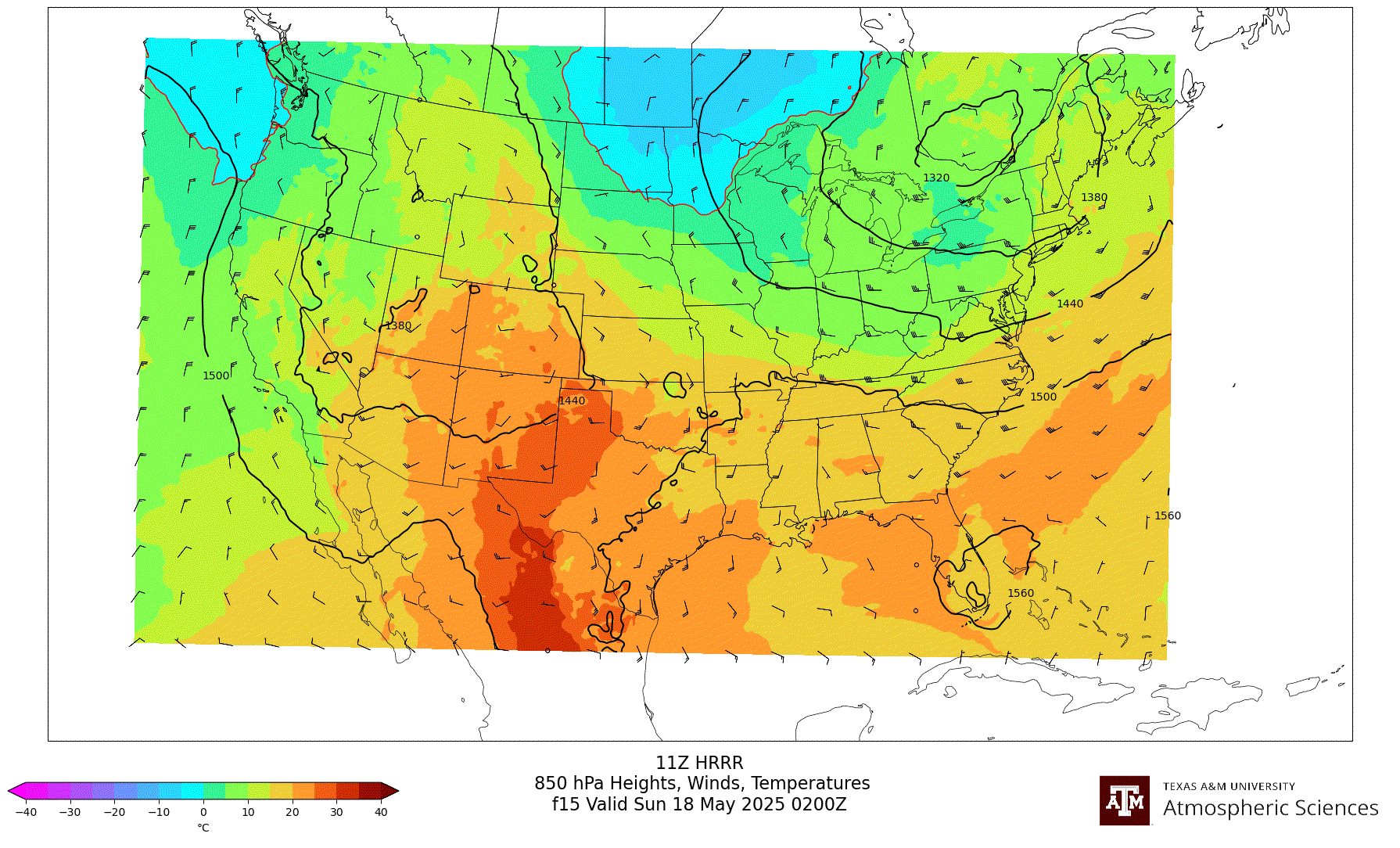 HRRR 850 hPa Heights, Winds, Temperatures