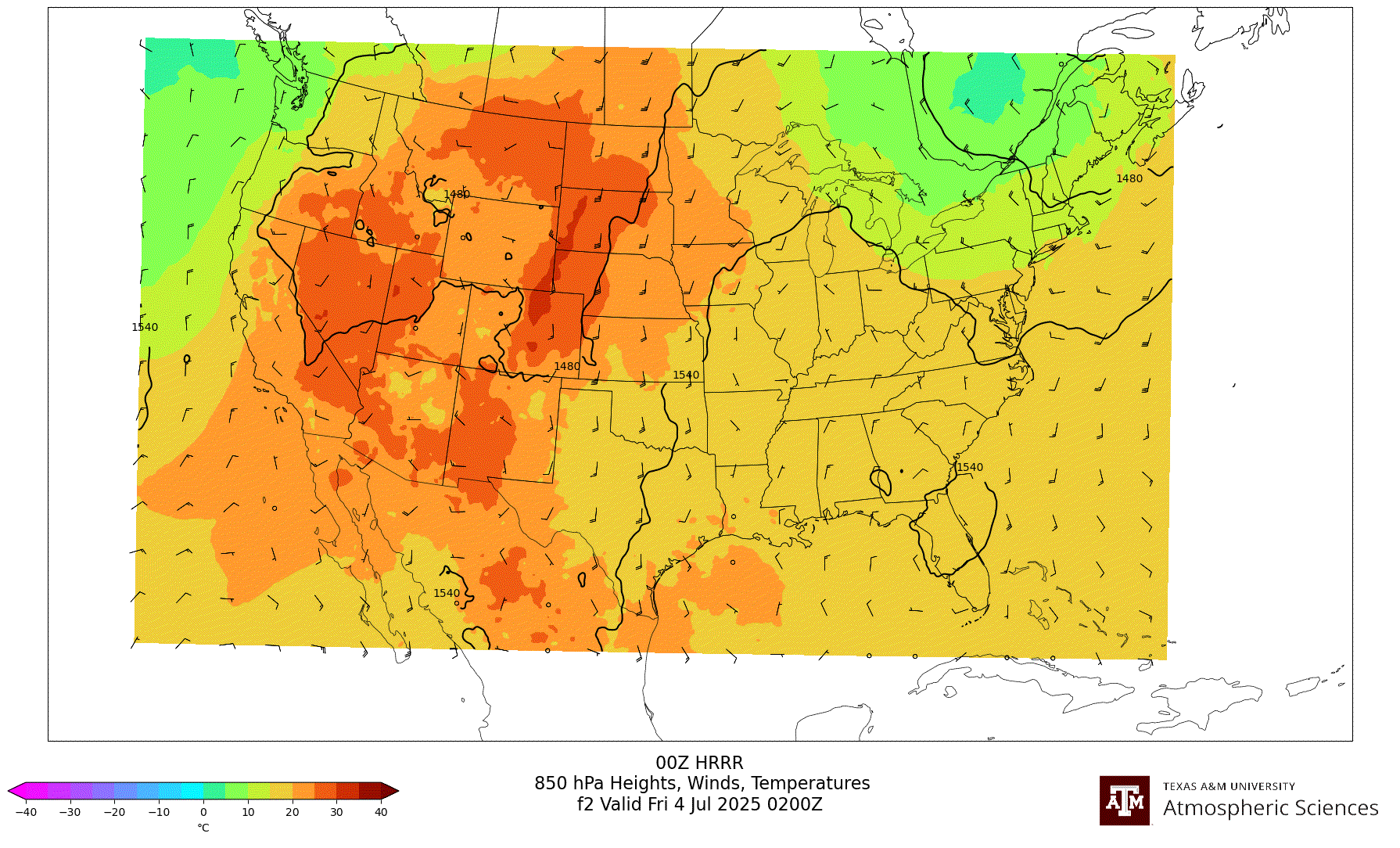 HRRR 850 hPa Heights, Winds, Temperatures