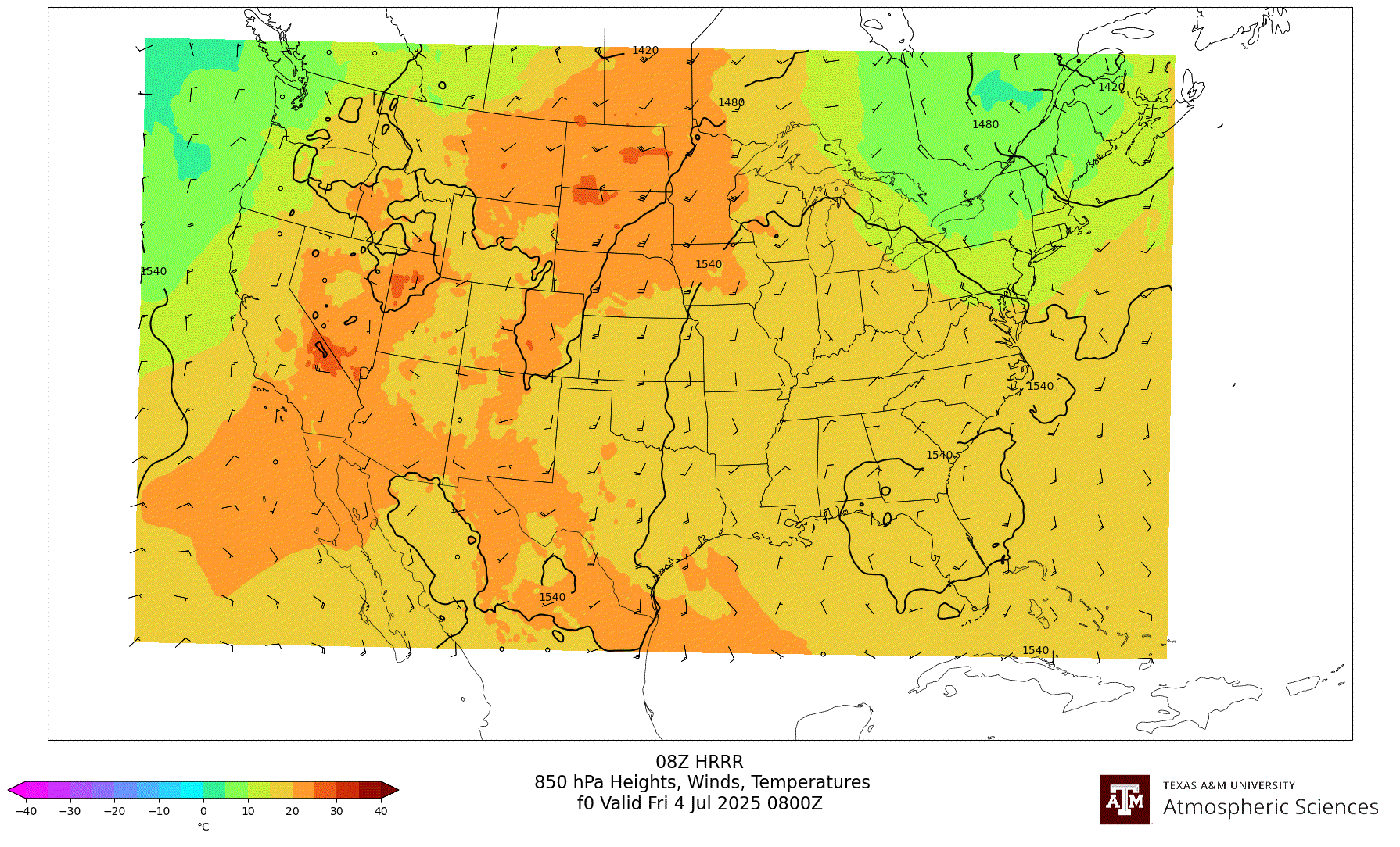 HRRR 850 hPa Heights, Winds, Temperatures