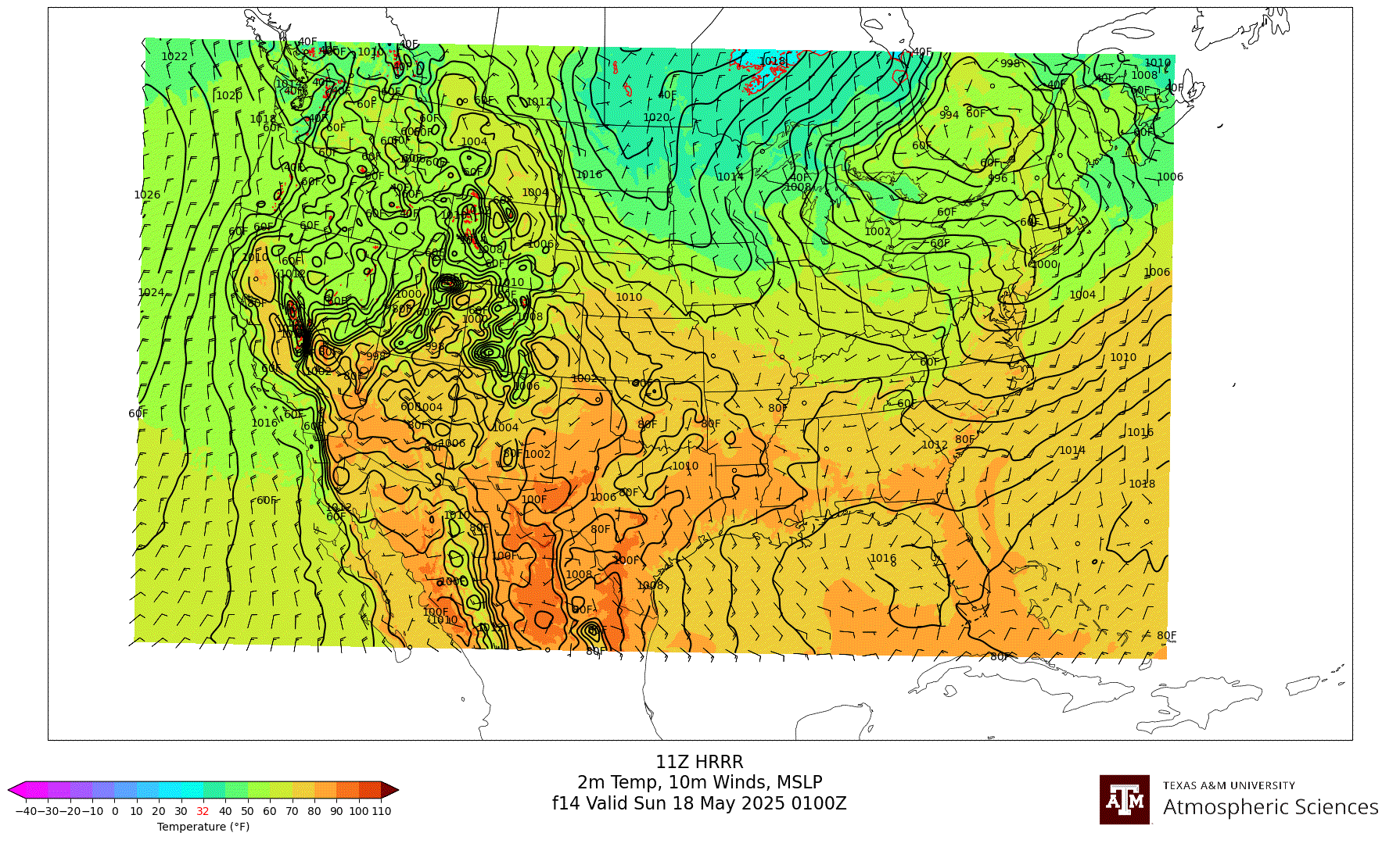 HRRR 2m Temperature, 10m winds, surface MSLP