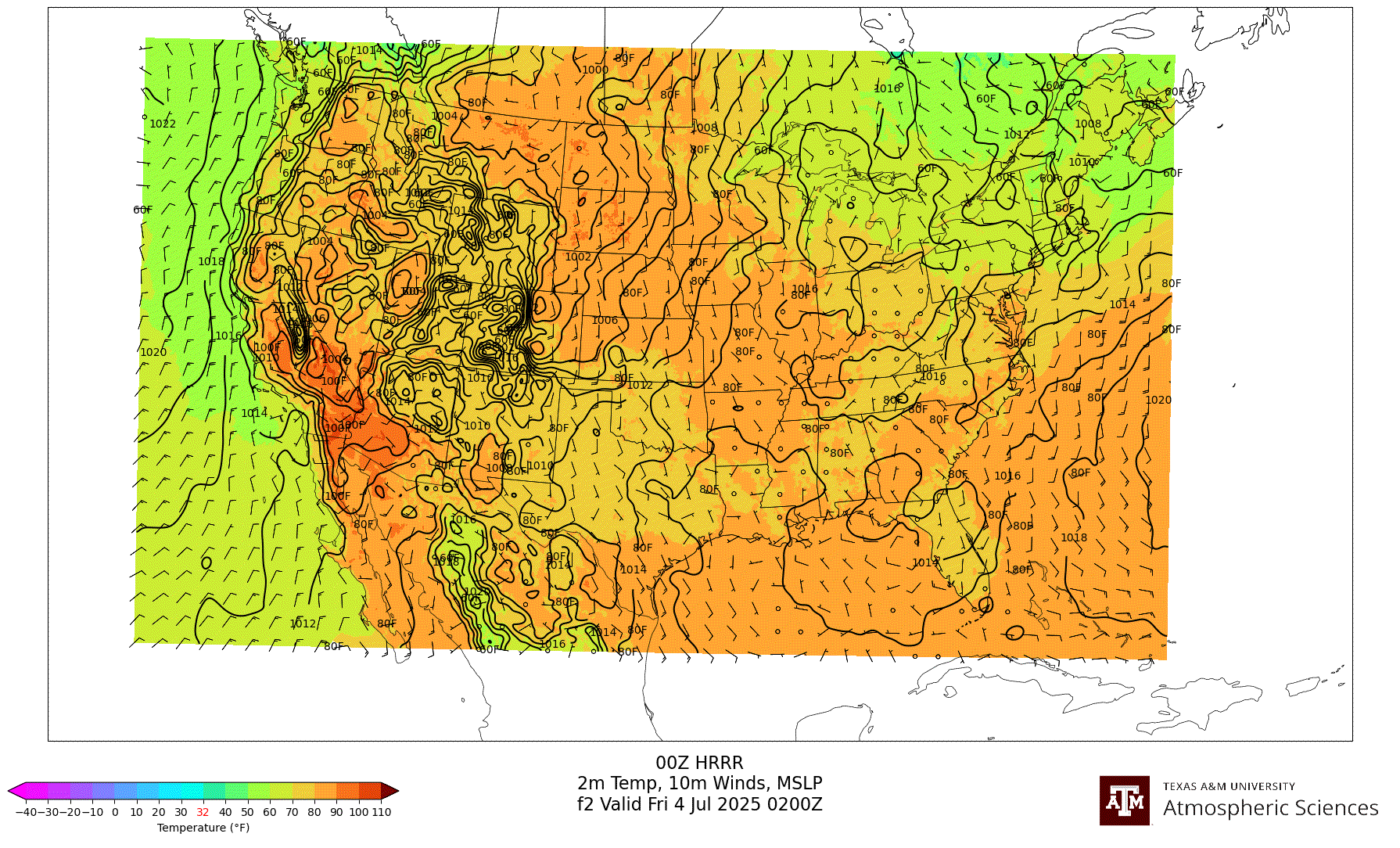 HRRR 2m Temperature, 10m winds, surface MSLP