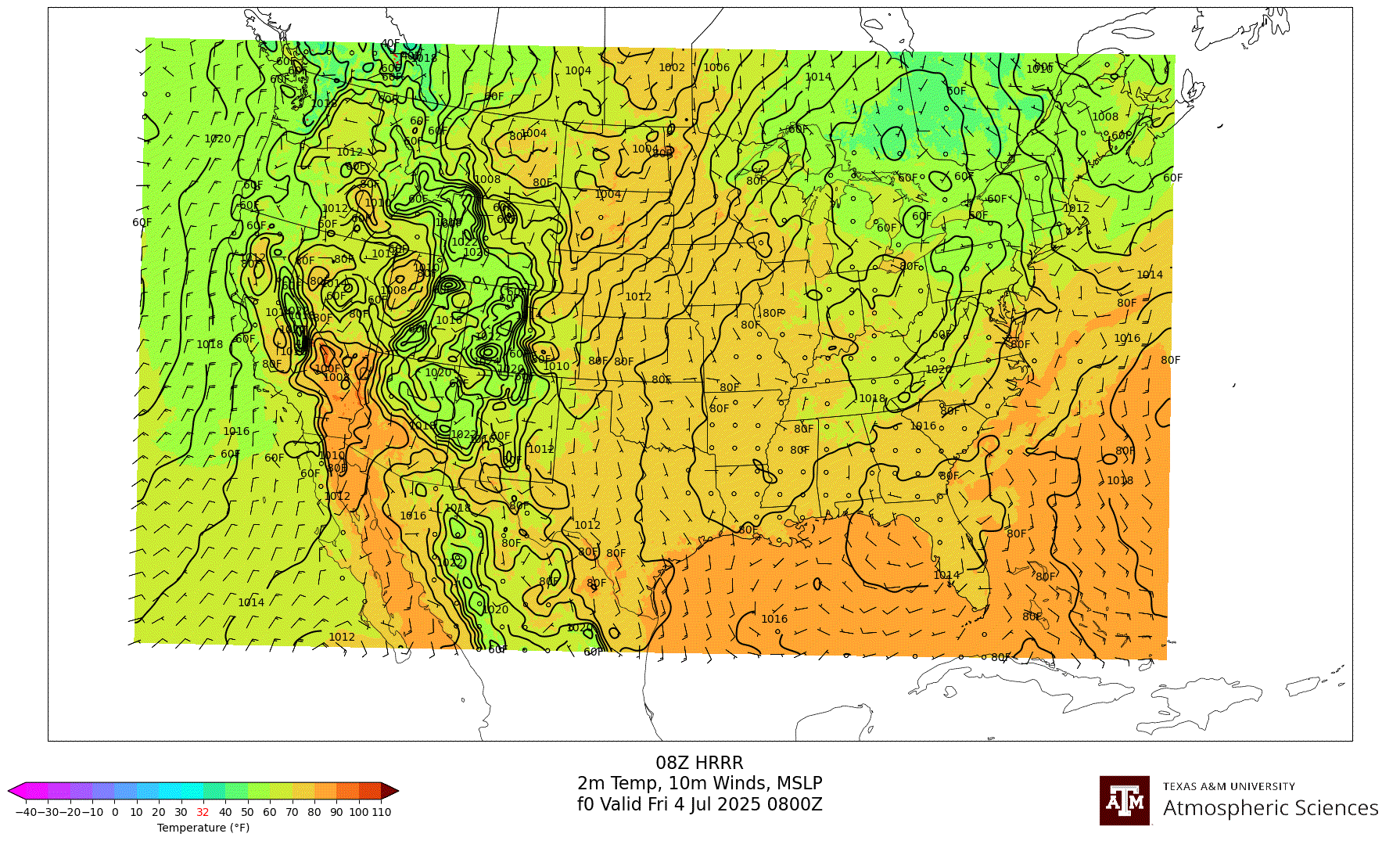 HRRR 2m Temperature, 10m winds, surface MSLP