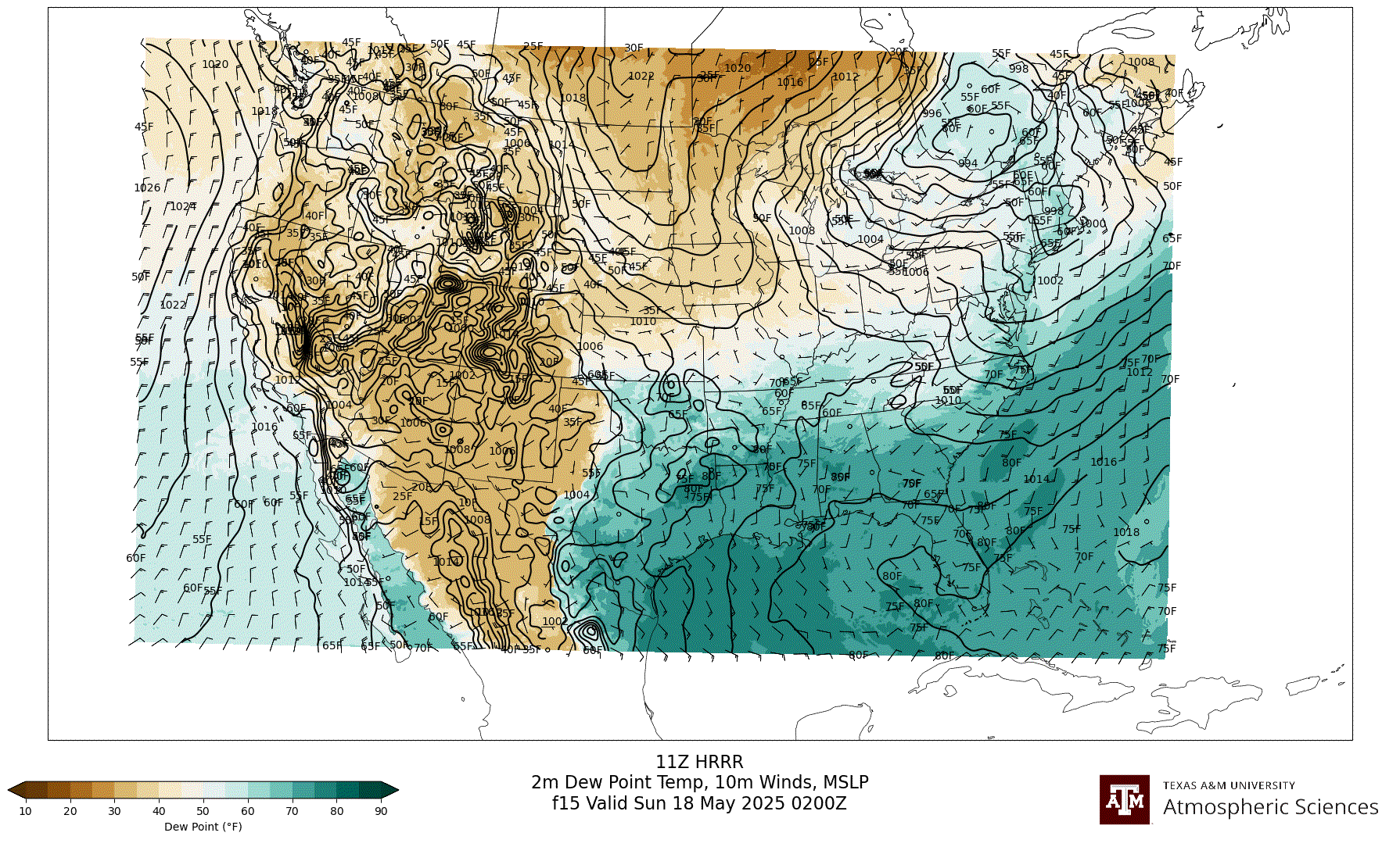 HRRR 2m Dew Point, 10m winds, surface MSLP