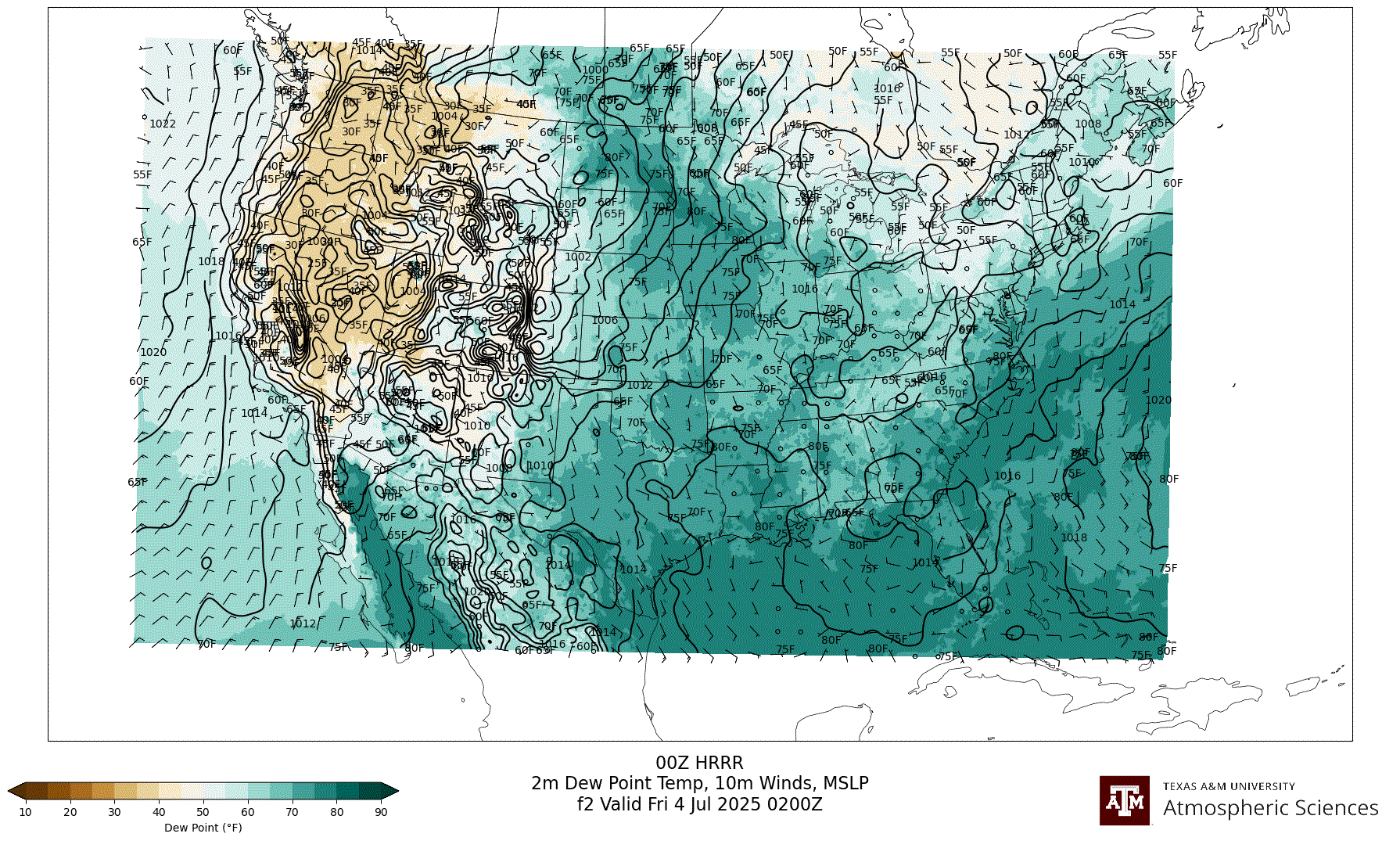 HRRR 2m Dew Point, 10m winds, surface MSLP