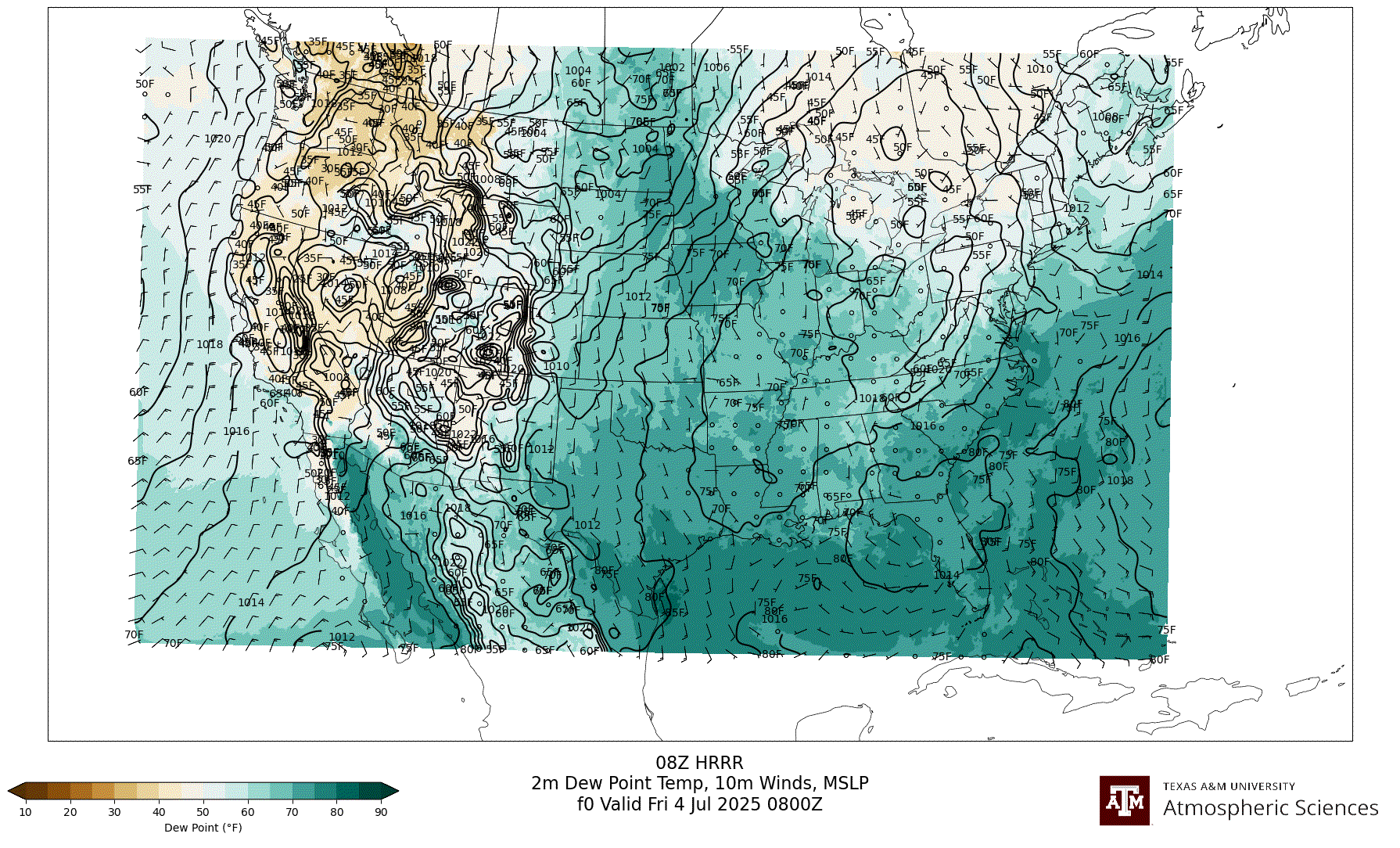 HRRR 2m Dew Point, 10m winds, surface MSLP