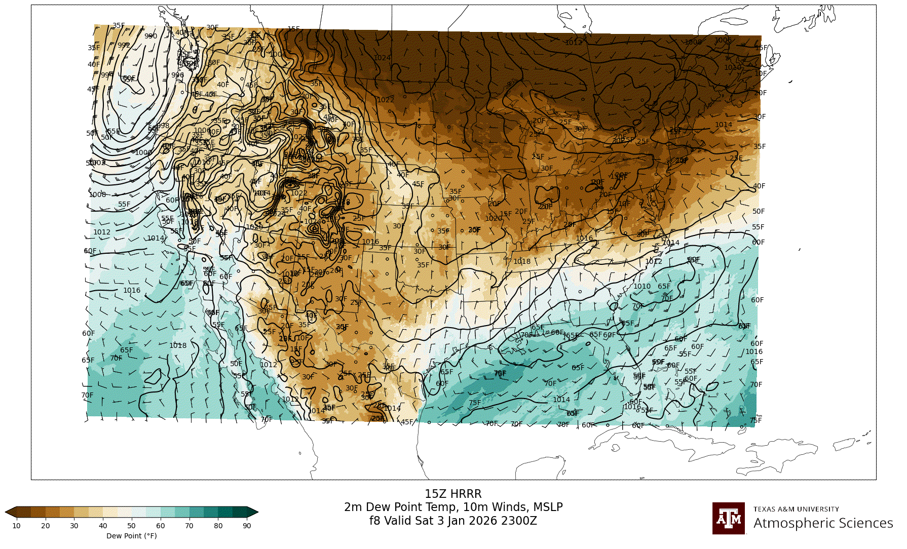 HRRR 2m Dew Point, 10m winds, surface MSLP HRRR 2m Dew Point, 10m winds, surface MSLP
