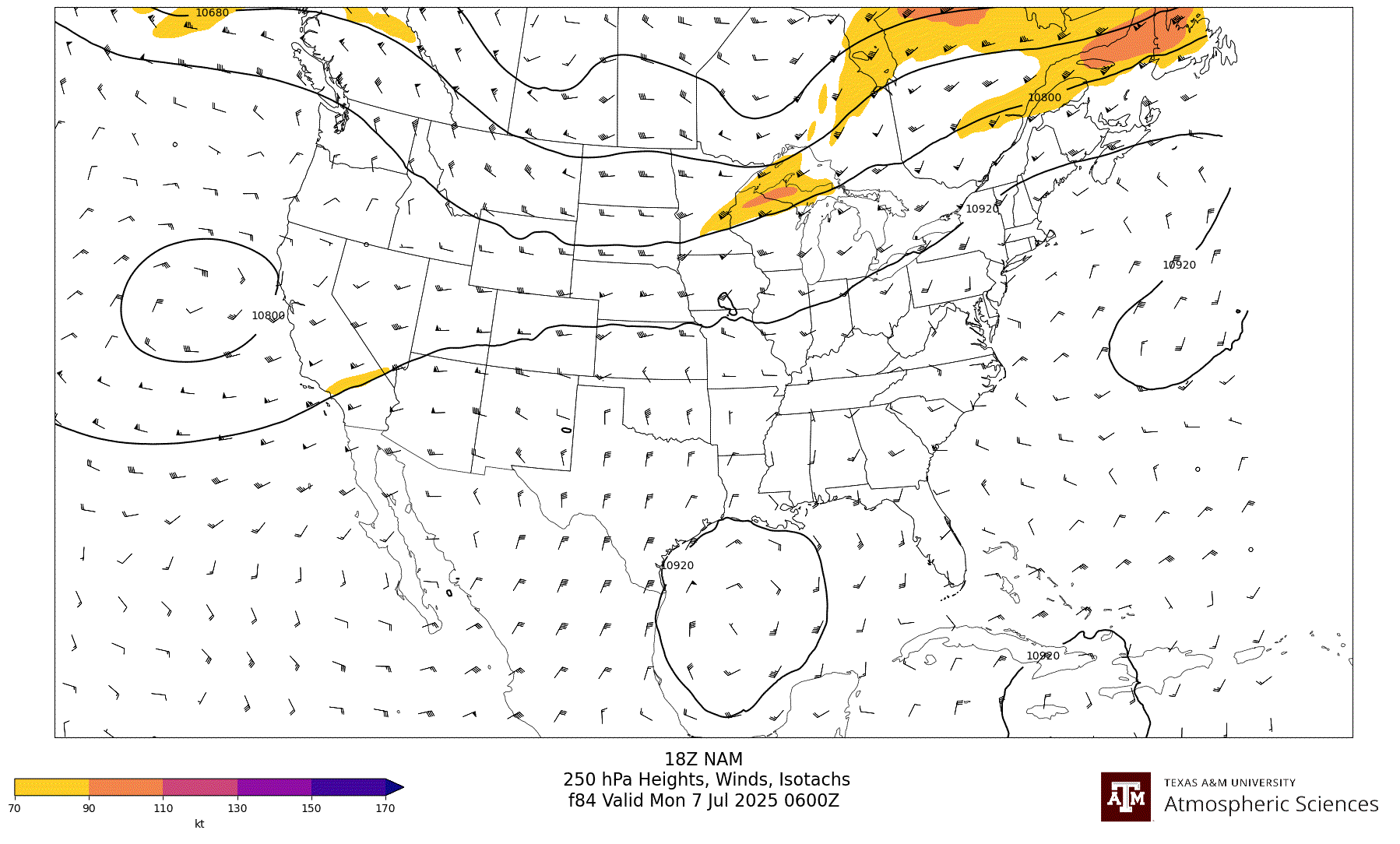NAM 250 hPa Heights, Winds, Isotachs