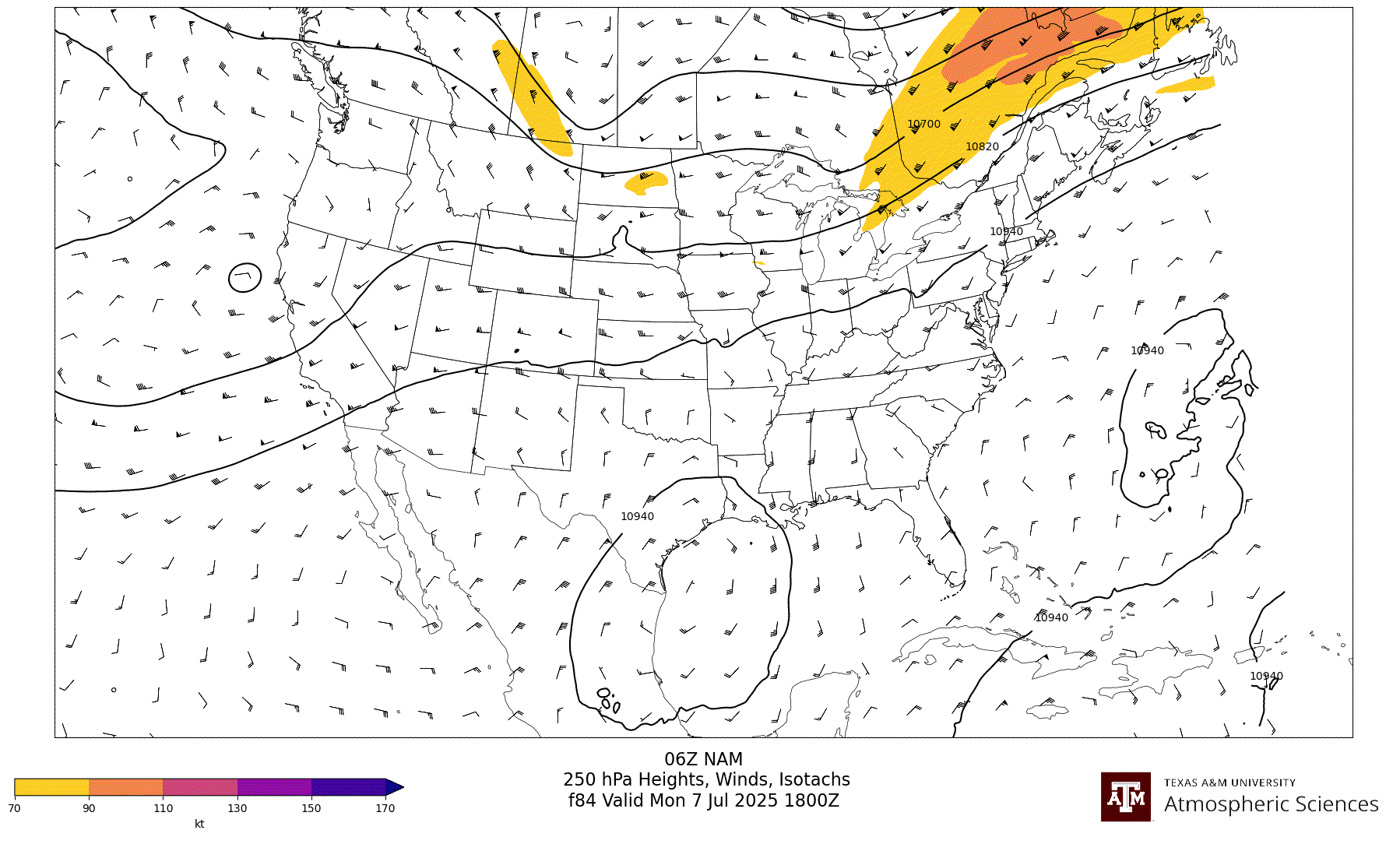 NAM 250 hPa Heights, Winds, Isotachs