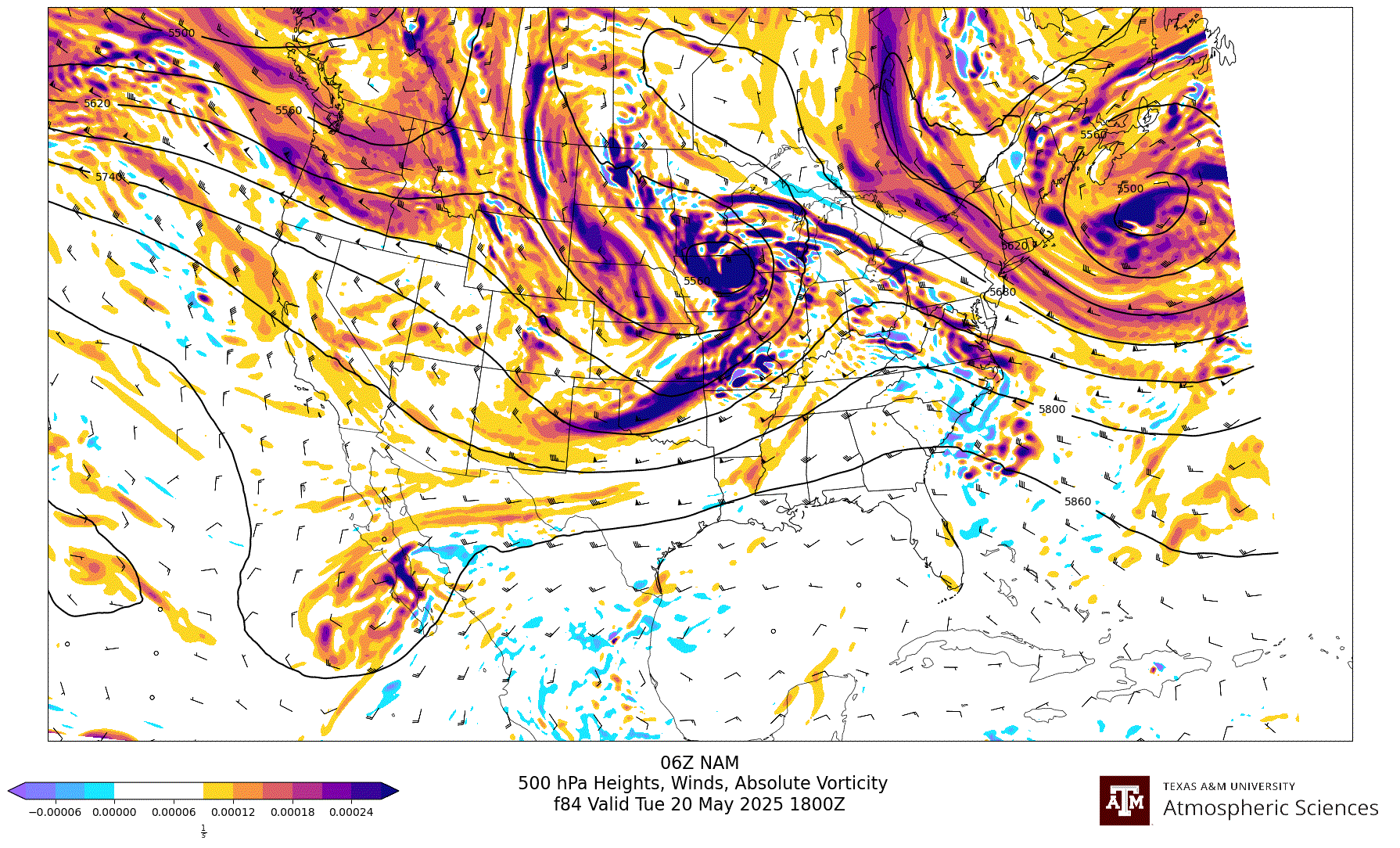 NAM 500 hPa Heights, Winds, Vorticity